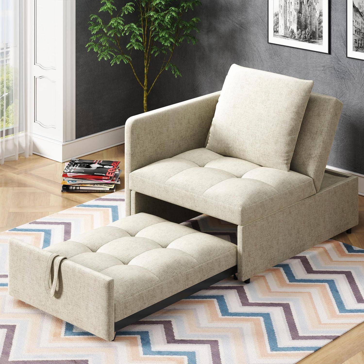 Polsterbett Schlafsofa 3 in 1 Multifunktions-Schlafsofa, Leinenstoffsofa mit Verstellbarer Rückenlehne, Liegesofa für kleine Räume (Beige)