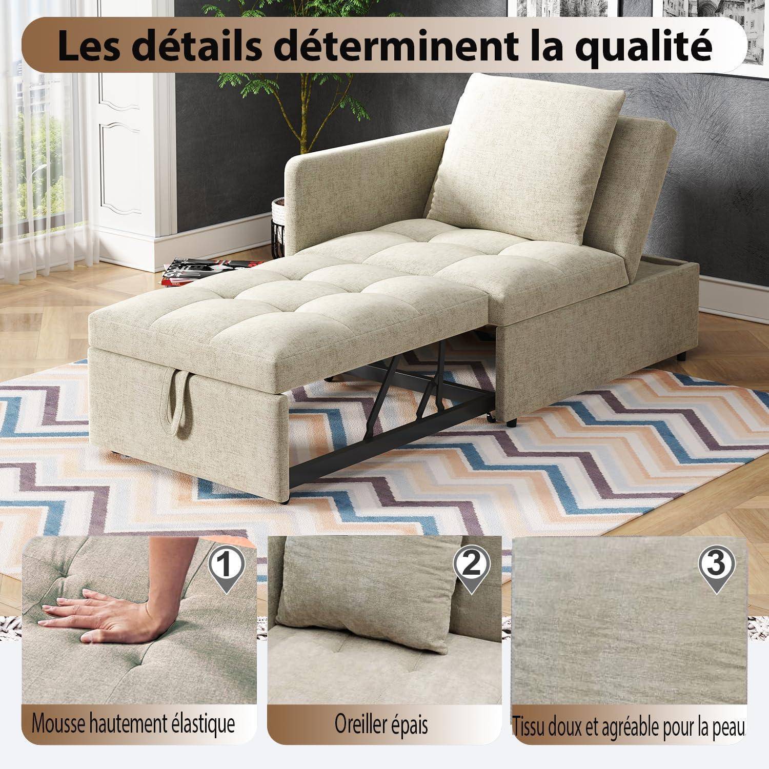Polsterbett Schlafsofa 3 in 1 Multifunktions-Schlafsofa, Leinenstoffsofa mit Verstellbarer Rückenlehne, Liegesofa für kleine Räume (Beige)