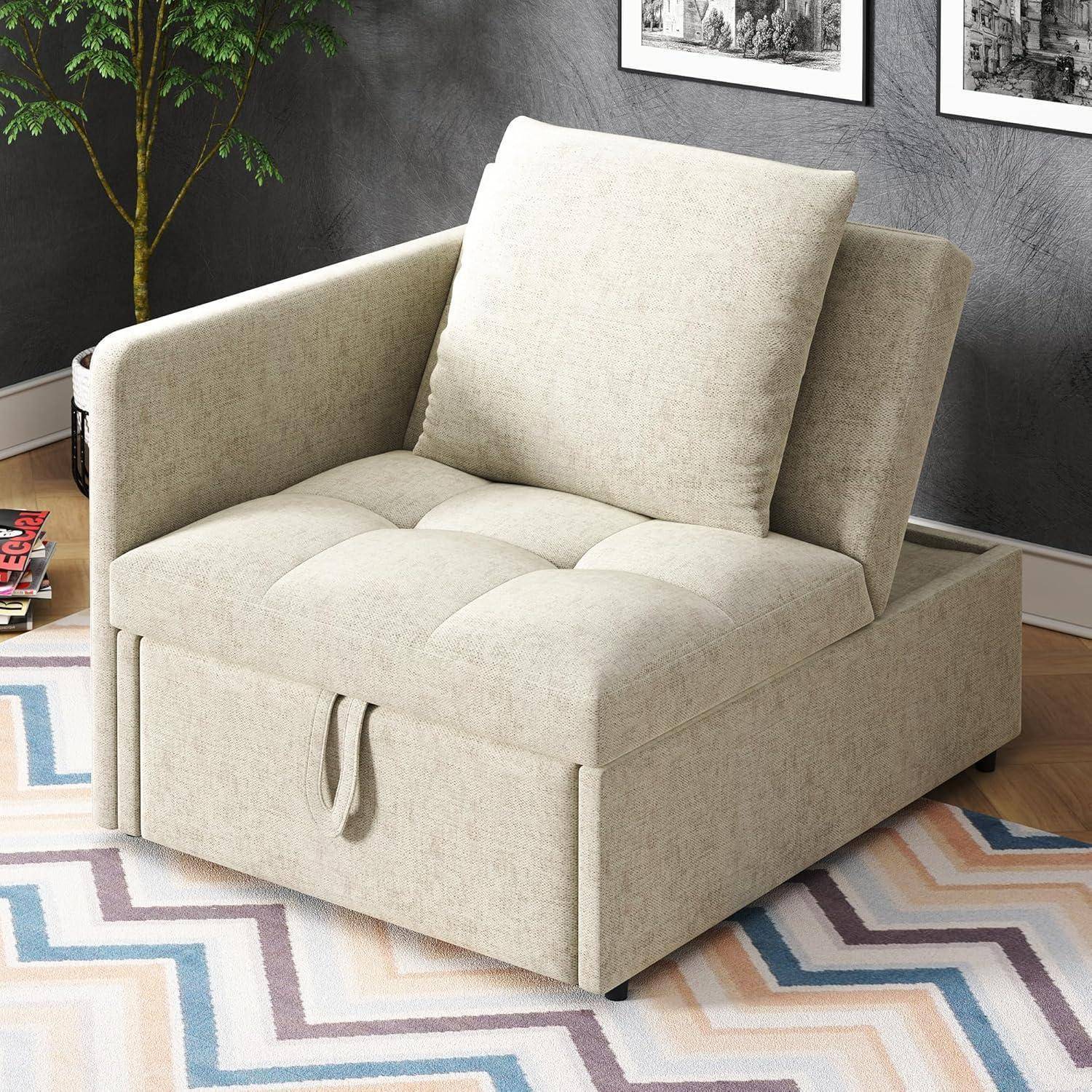 Polsterbett Schlafsofa 3 in 1 Multifunktions-Schlafsofa, Leinenstoffsofa mit Verstellbarer Rückenlehne, Liegesofa für kleine Räume (Beige)