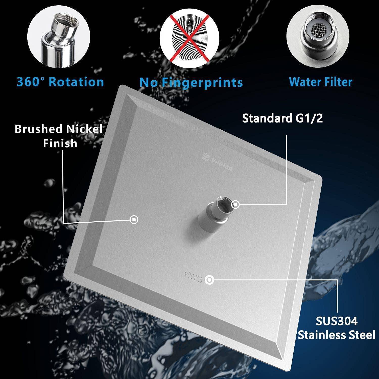 Werbebild eines quadratischen Duschkopfs aus gebürstetem Nickel mit 360°-Rotation, fingerabdruckfreier Oberfläche, Wasserfilter, Standard-G1/2-Anschluss und Edelstahl SUS304.