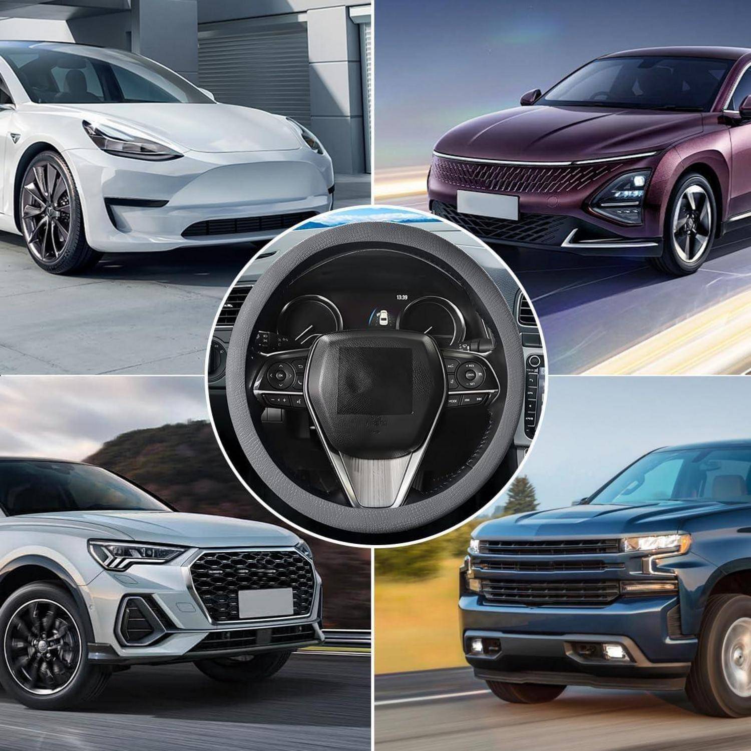 Collage aus vier modernen Fahrzeugen rund um eine Nahaufnahme eines Lenkrads: weiße Limousine, violette Limousine, silberner SUV und blauer Pickup-Truck.