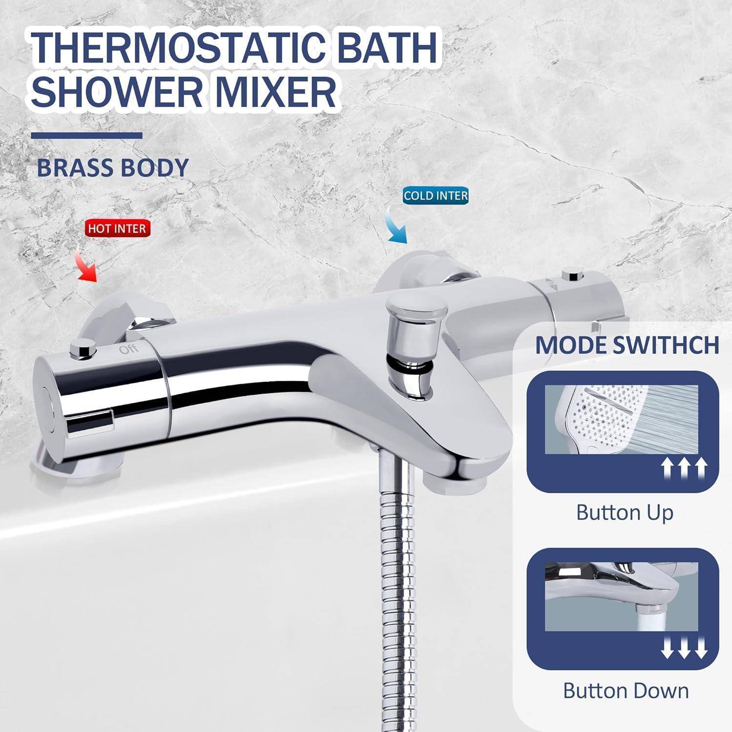 Thermostatische Bad-Brause-Mischbatterie mit Messingkörper, Regelventilen für Warm- und Kaltwasserzufuhr und einer Modusschalttaste zum Umschalten des Wasserflusses zwischen Dusche und Badewanne.