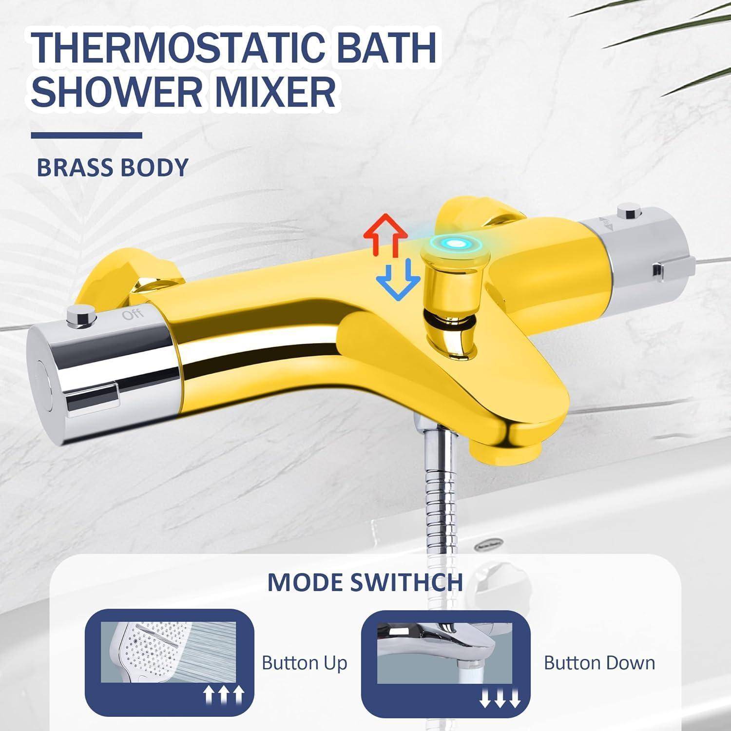 Goldener thermostatischer Bad-Dusch-Mischer mit Messinggehäuse und einem Modusschalter, dargestellt mit Auf-/Ab-Pfeilen und Beschriftungen 