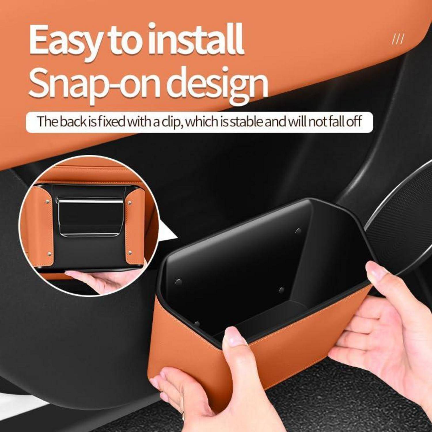 Anzeige für einen leicht zu installierenden Snap-On-Lagerbehälter mit klippbefestigter Rückseite; Hände befestigen einen orange-schwarz gestreiften Organizer an der Rückseite eines Autositzes.