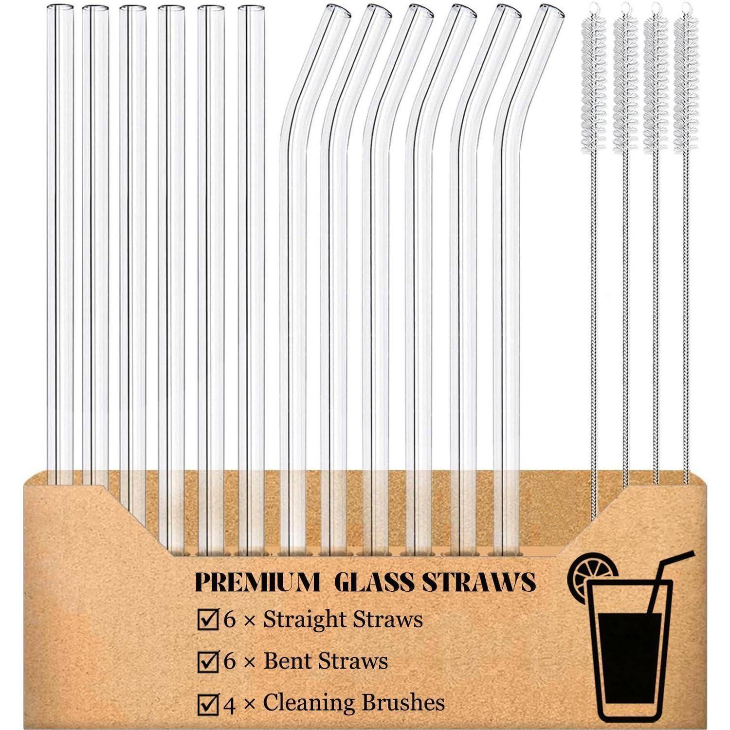Paket mit Premium-Glastrinkhalmen mit 6 geraden Halmen, 6 gebogenen Halmen und 4 Reinigungsbürsten in einer Schachtel.