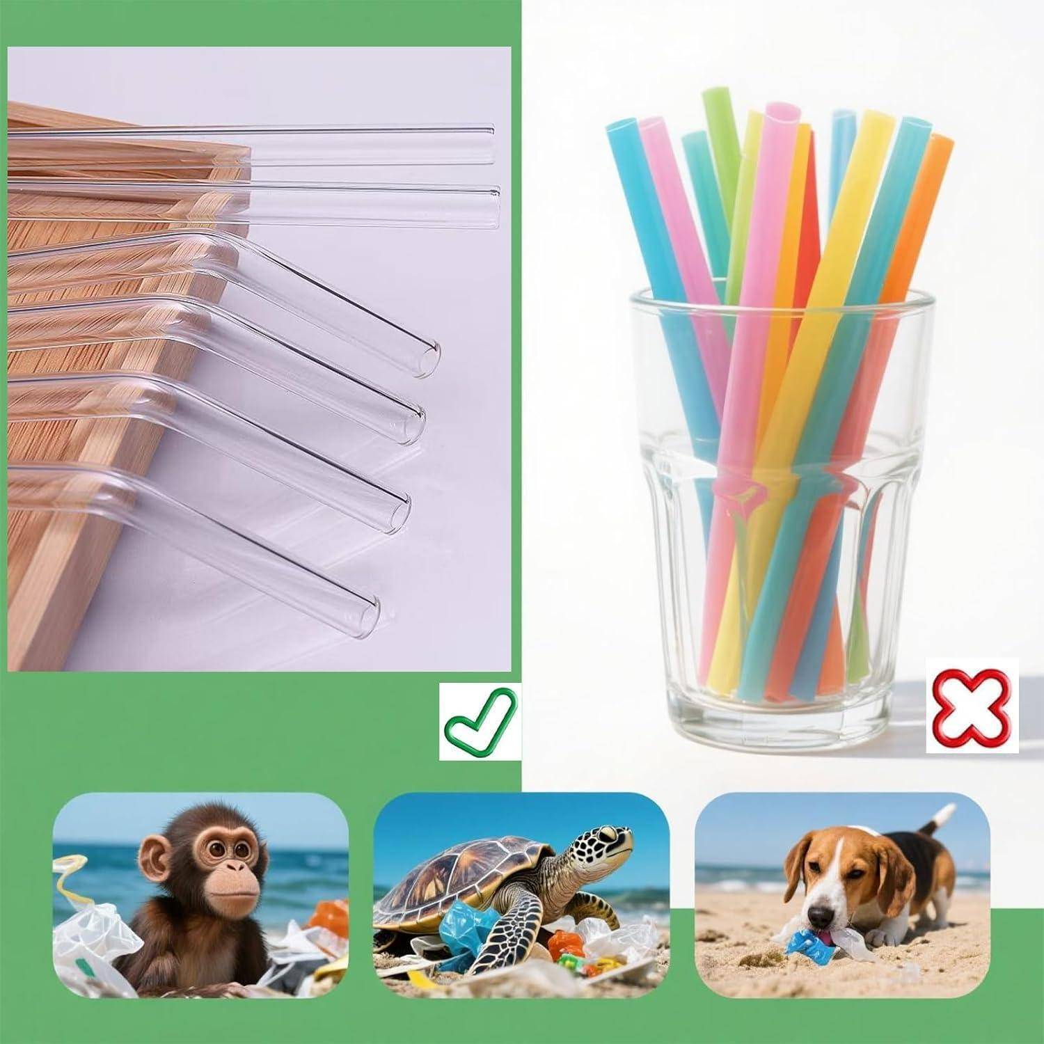 Illustration zur korrekten und inkorrekten Kunststoffnutzung: Wiederverwendbare klare Strohhalme in einem Glas sind mit richtig gekennzeichnet, Einweg-Strohhalme in Farben sind mit falsch gekennzeichnet, mit Tieren, die durch Müll beeinträchtigt sind, darunter.