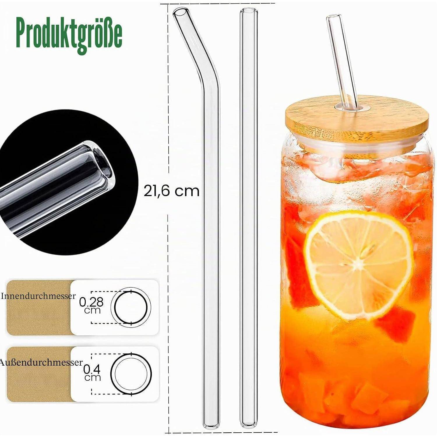 Produktgrößendiagramm für einen Glas-Trinkhalm: 21,6 cm lang, 0,28 cm Innendurchmesser, 0,4 cm Außendurchmesser, dargestellt in einem Getränkeglas mit Deckel und Eis.