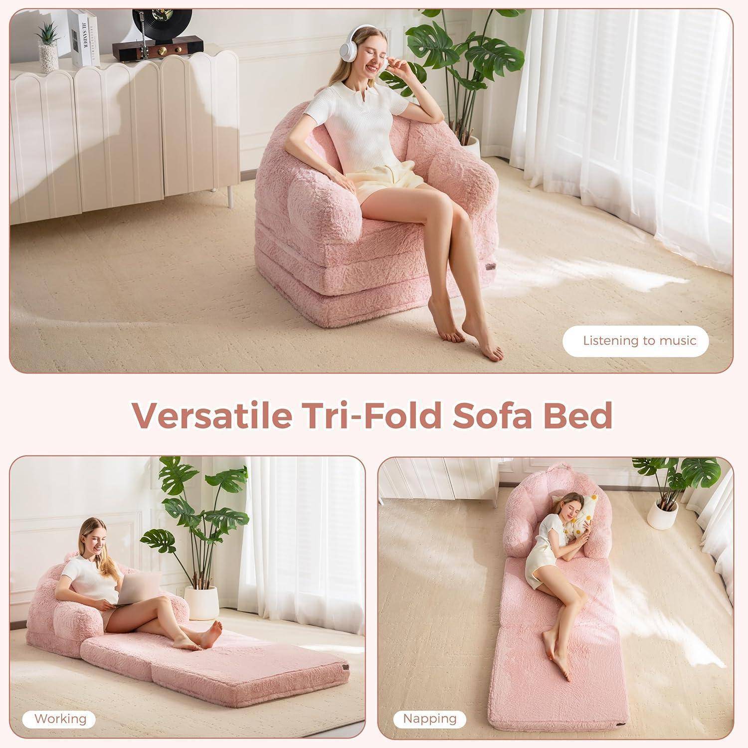 Werbebild eines rosa Tri-Fold-Schlafsofa, das als Stuhl, Liege und Bett verwendet wird; der Text lautet „Vielseitiges Tri-Fold-Schlafsofa