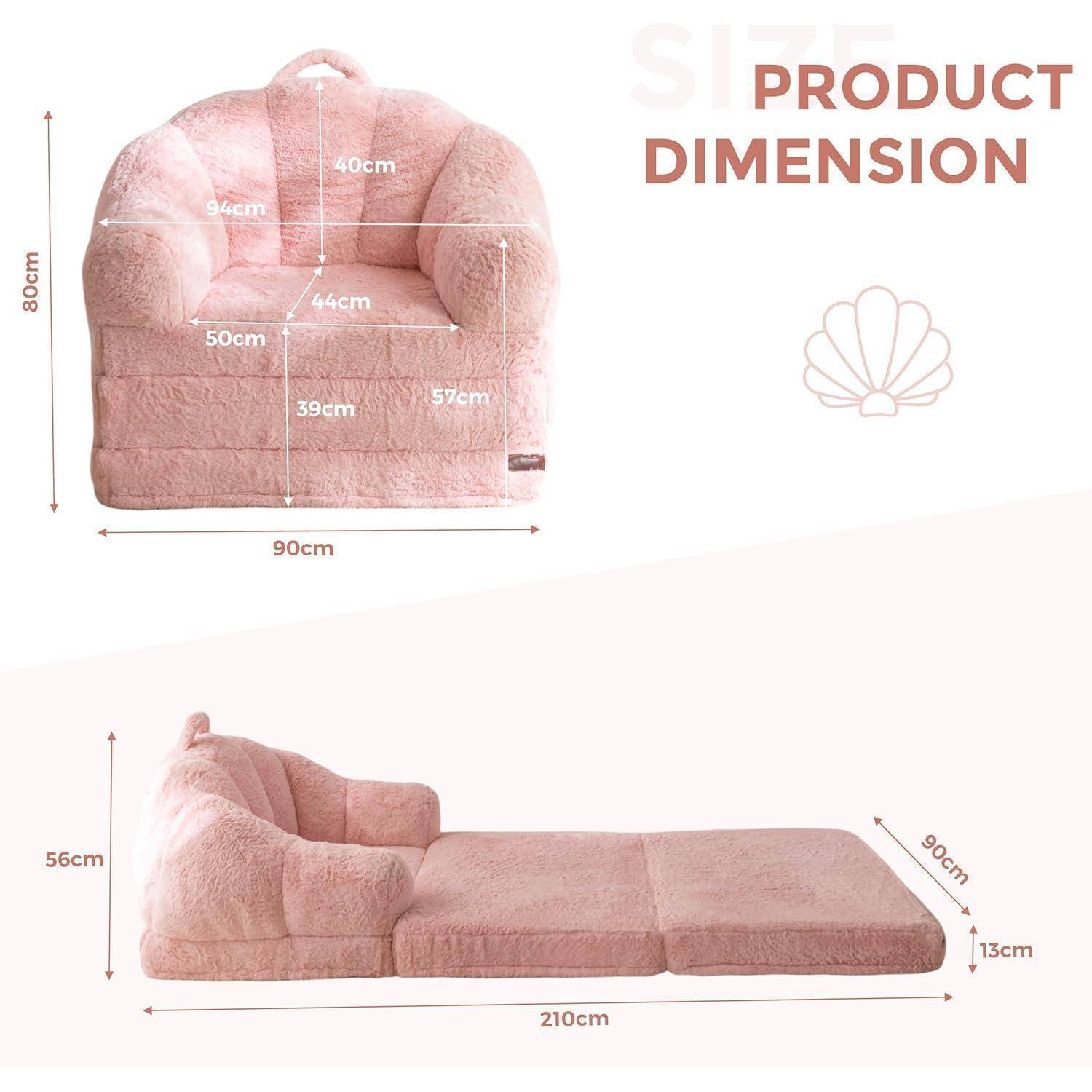 Produktdimensionsdiagramm, das ein rosa faltbares Sofasessel-Bett zeigt: 90cm breit, 80cm hoch, 56cm Seitenhöhe, 210cm lang im geöffneten Zustand, 13cm dick.