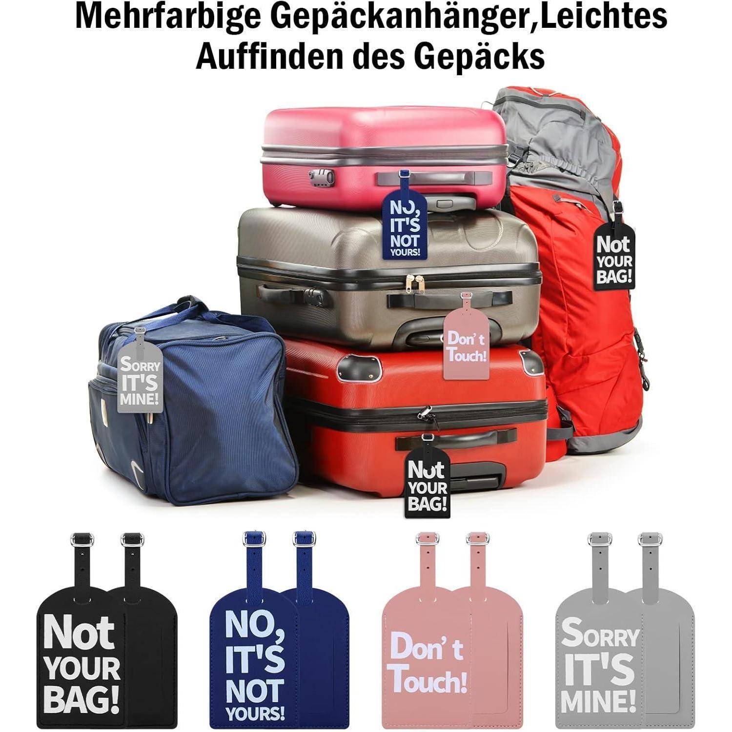 Werbebild von buntem Gepäck mit hängenden Etiketten mit den Aufschriften „Not your bag!" (Nicht deine Tasche!), „No, it's not yours!"" (Nein, sie gehört dir nicht!), „Don't touch!"" (Nicht anfassen!) und „Sorry it's mine"" (Entschuldigung, sie gehört mir), um Gepäck zu identifizieren.