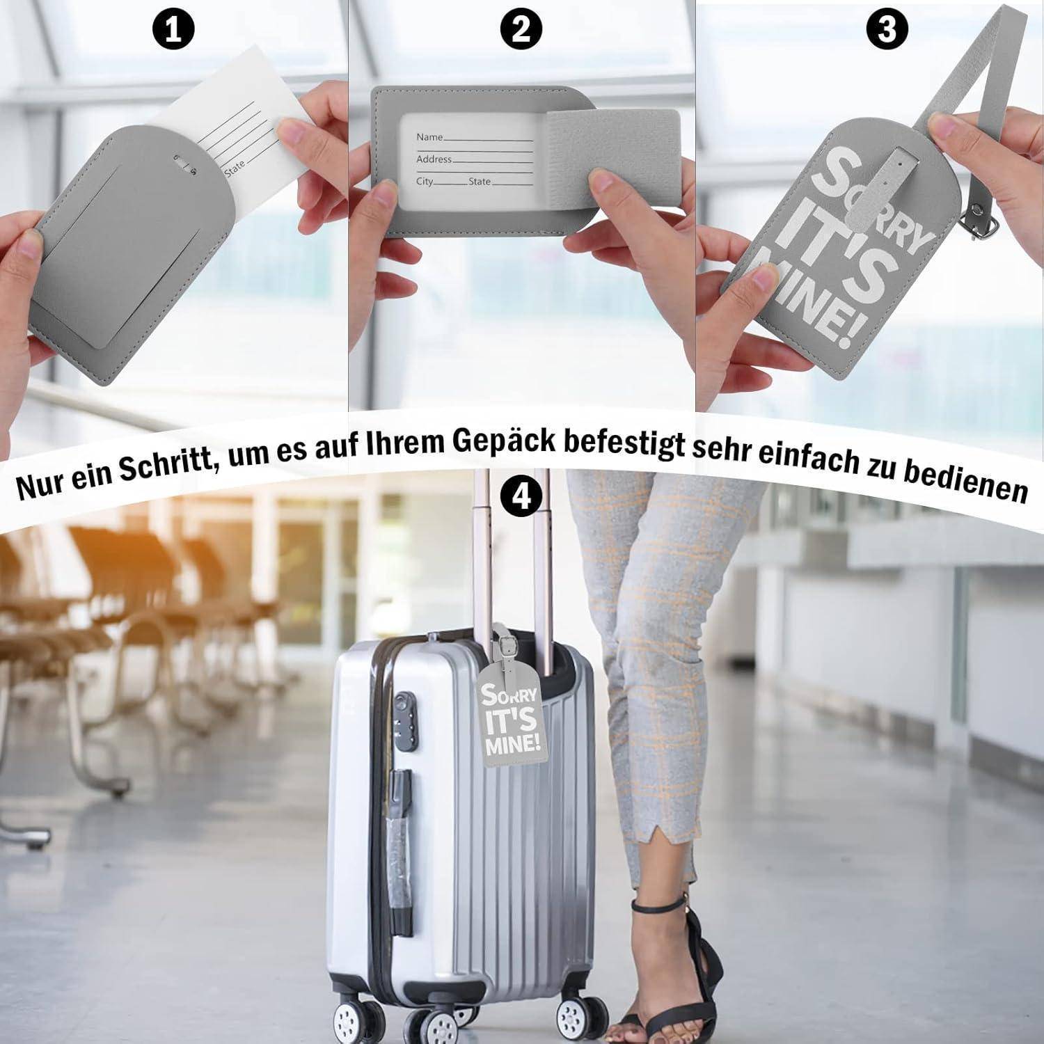 Vierschrittiger Leitfaden, der ein graues Gepäckanhänger zeigt, das an einem Koffer befestigt ist: Adresskarte einführen, Klappe schließen, Riemen durchziehen und Anhänger an einem Rollkoffer befestigen.