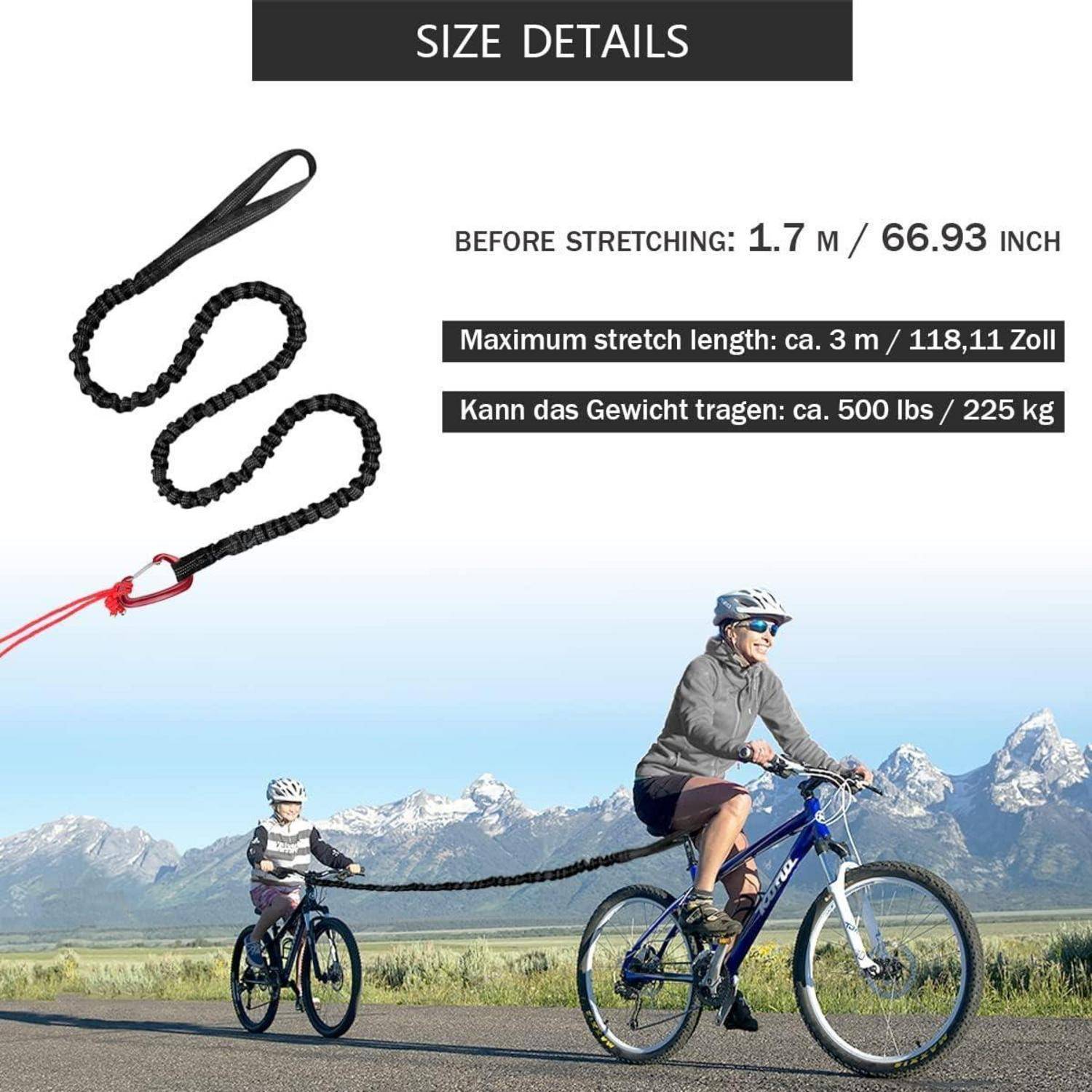 Illustration eines dehnbaren Fahrradzugseils, 1,7 m vor dem Dehnen, bis zu 3 m, mit einer Tragfähigkeit von 500 lbs; zeigt ein Kind auf einem Fahrrad, das von einem Erwachsenen gezogen wird.