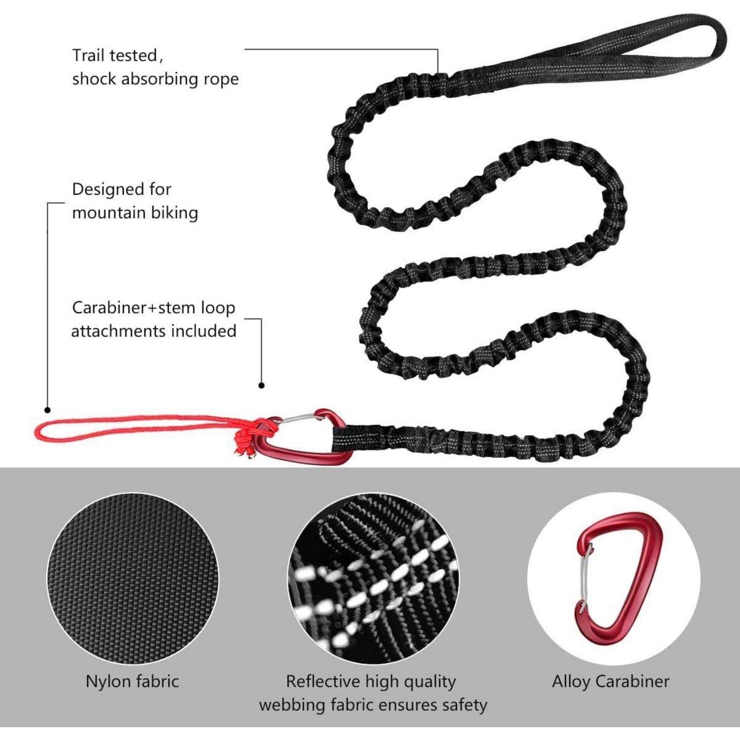 Illustrierte Mountainbike-Schleppseil mit schwarzem stoßdämpfendem Seil und rotem Karabiner; Beschriftungen kennzeichnen das felderprobte Design, Stielschlaufen-Befestigungen, Nylonstoff, reflektierendes Gewebe und Aluminiumlegierungs-Karabiner.