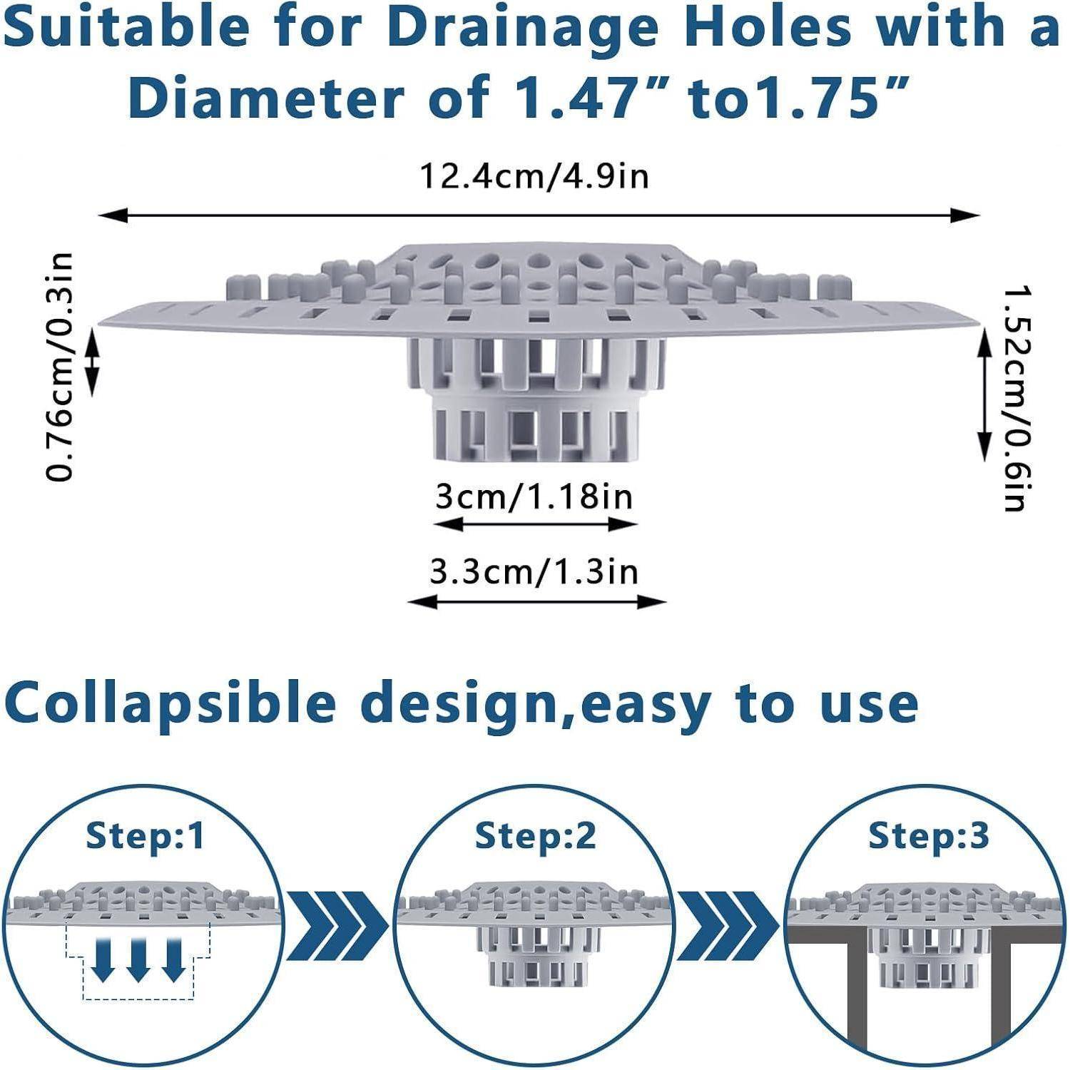 Diagramm einer zusammenklappbaren Abdeckung für Abflusslöcher mit einer Größe von 1,47 bis 1,75 Zoll Breite, zeigt Abmessungen und einen 3-stufigen Installationsprozess.