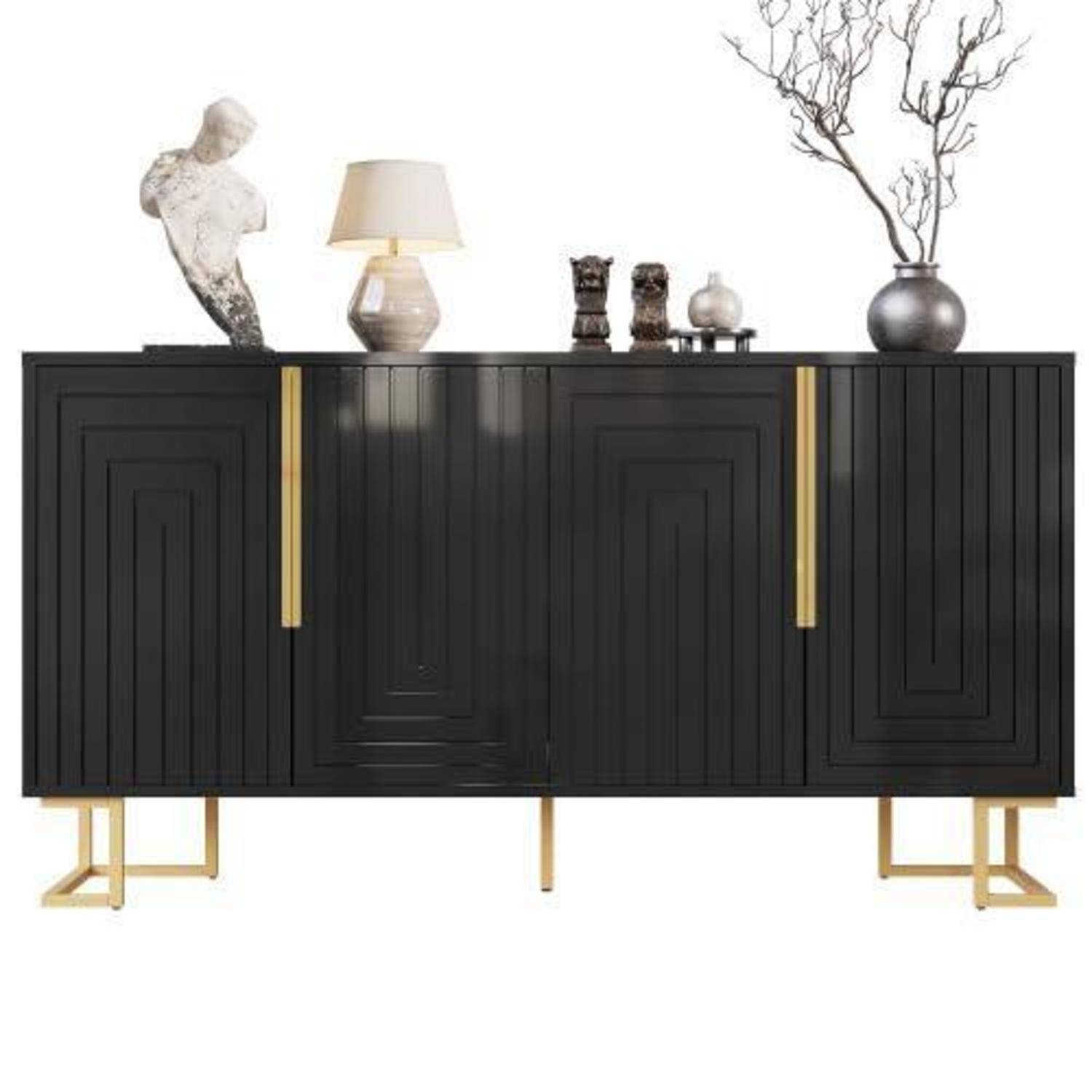 LANTRO JS Kleiner Schrank, Sideboards mit Einzigartige Geometrische Vordertür, Flur Schrank mit Zwei Türen und Goldene Griffe und Füße, 152x40x75c