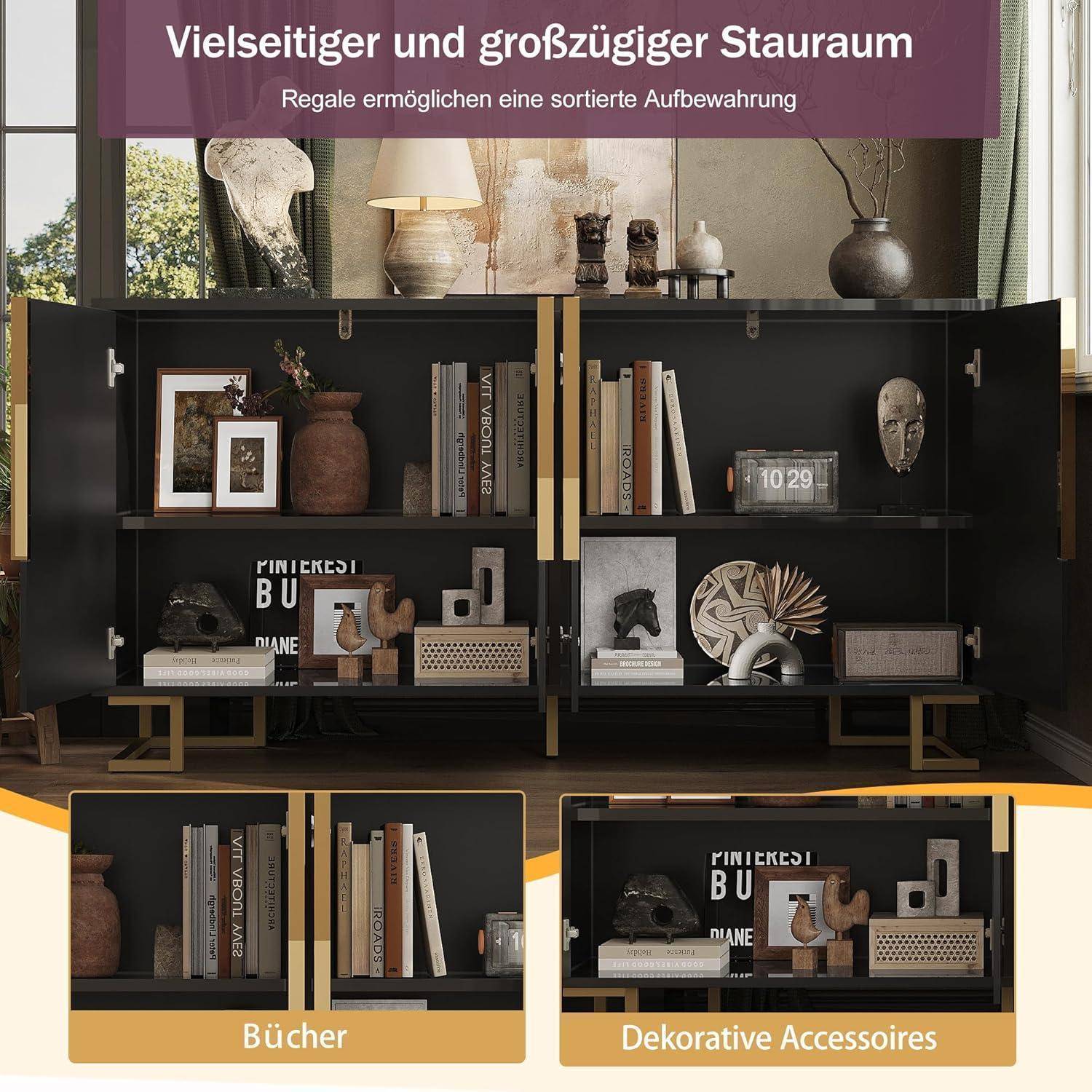 LANTRO JS Kleiner Schrank, Sideboards mit Einzigartige Geometrische Vordertür, Flur Schrank mit Zwei Türen und Goldene Griffe und Füße, 152x40x75c