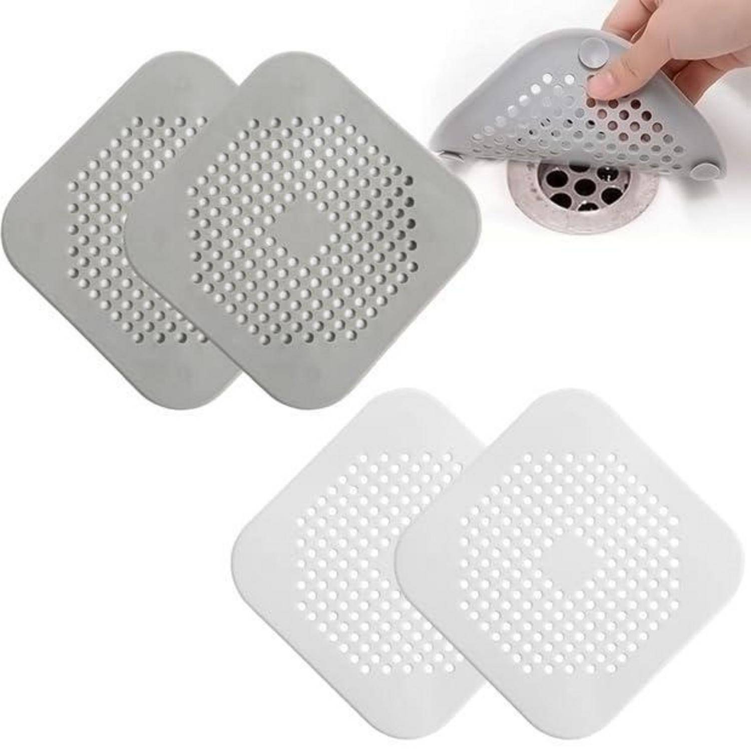4 Silikon-Abflusssiebe, Haarsieb für Dusche, Badewanne und Spüle, Weiß/Grau | Flexibel und leicht zu reinigen; fein gelochte Oberfläche hält Haar