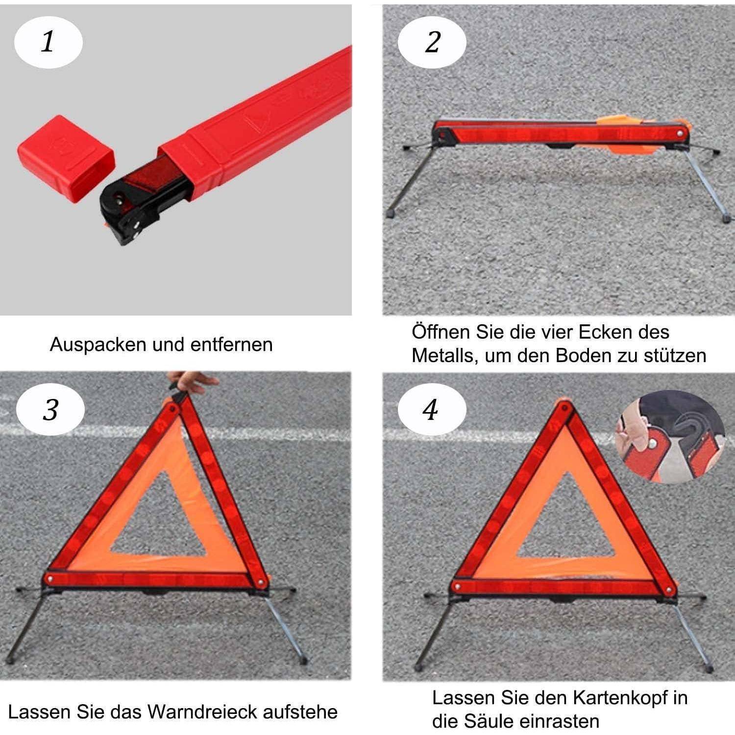 Anleitsdiagramm zeigt ein rotes reflektierendes Warndreieck, das in vier Schritten ausgepackt, entfaltet und auf Metallbeinen aufgestellt wird.