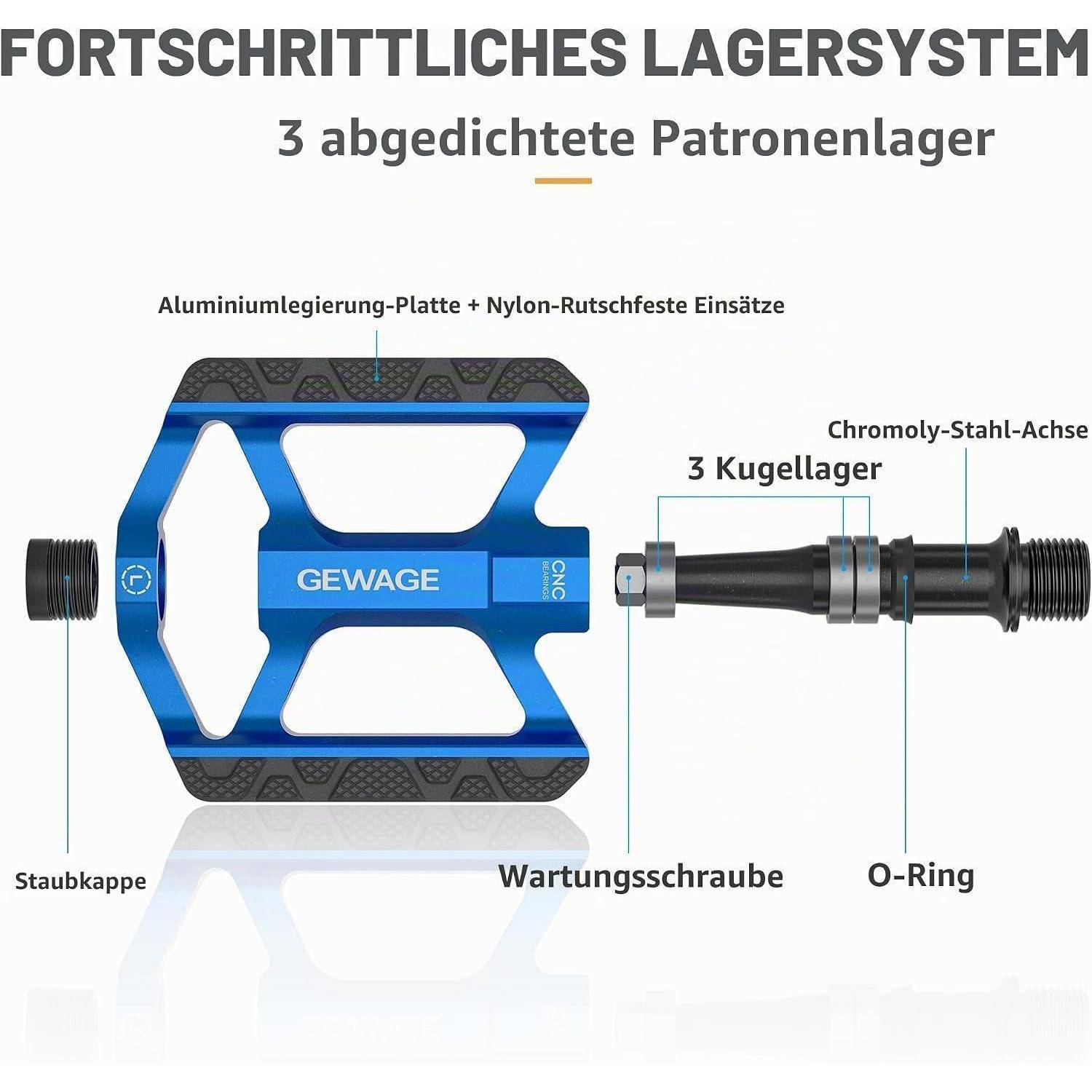 Diagramm eines Pedals mit fortschrittlichem versiegeltem Lagersystem mit Aluminiumplatte und Nylon-Rutschsperreinsätzen, Chromoly-Achse, 3 Kugellagern, Staubkappe, Wartungsschraube und O-Ring.