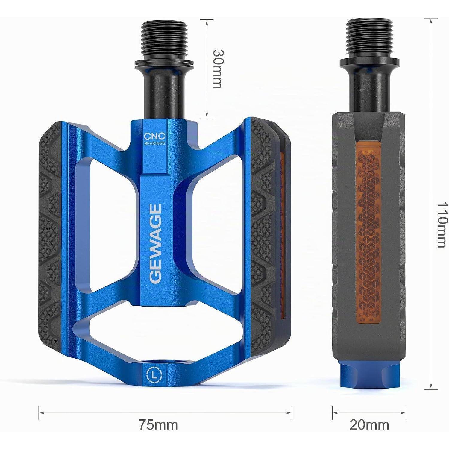 Blau-schwarzes Fahrradpedal in Vorder- und Seitenansicht mit beschrifteten Abmessungen: 75 mm breit, 110 mm hoch, 20 mm dick, 30 mm Gewindlänge.