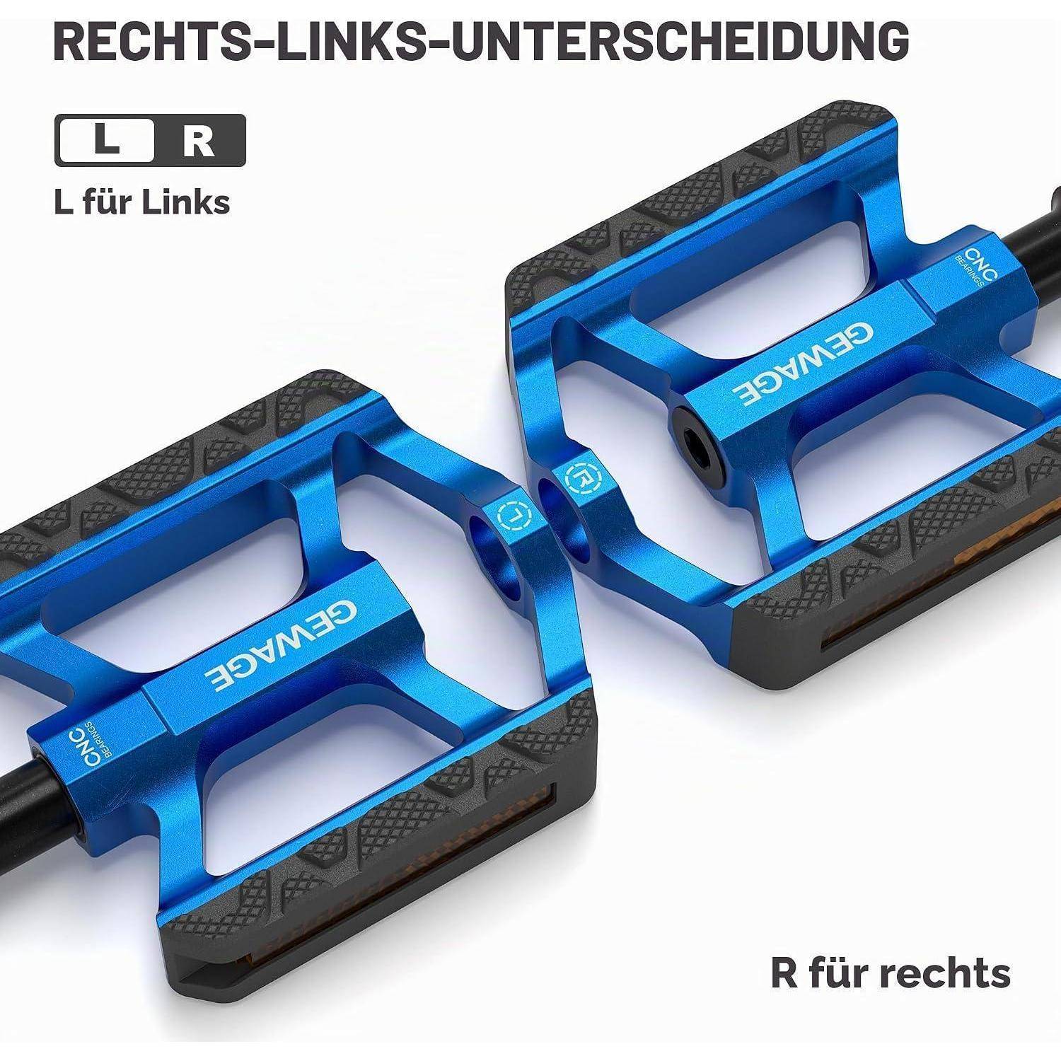 Diagramm mit Fahrradpedalen mit den Bezeichnungen L und R, mit deutschem Text, der „L für Links" und „R für rechts"" anzeigt, um das linke und rechte Pedal zu unterscheiden.