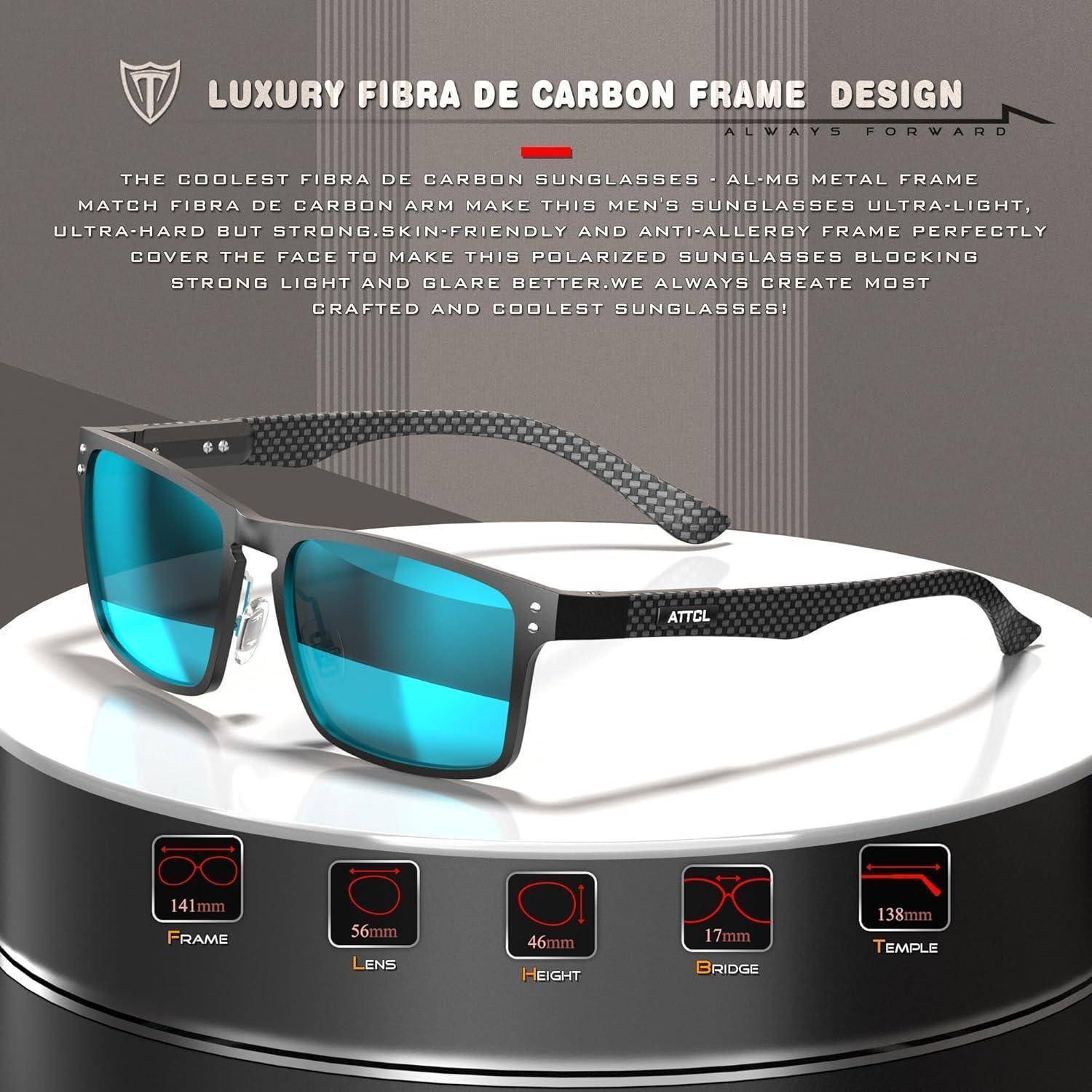 Produktanzeige für schwarze Sonnenbrille aus Kohlefaser mit blau verspiegelten Gläsern auf weißem Display. Der Text hebt den leichten, langlebigen, allergiearmen Rahmen und die Maße hervor: 141 mm Rahmen, 56 mm Linse, 46 mm Höhe, 17 mm Steg, 138 mm Bügel.