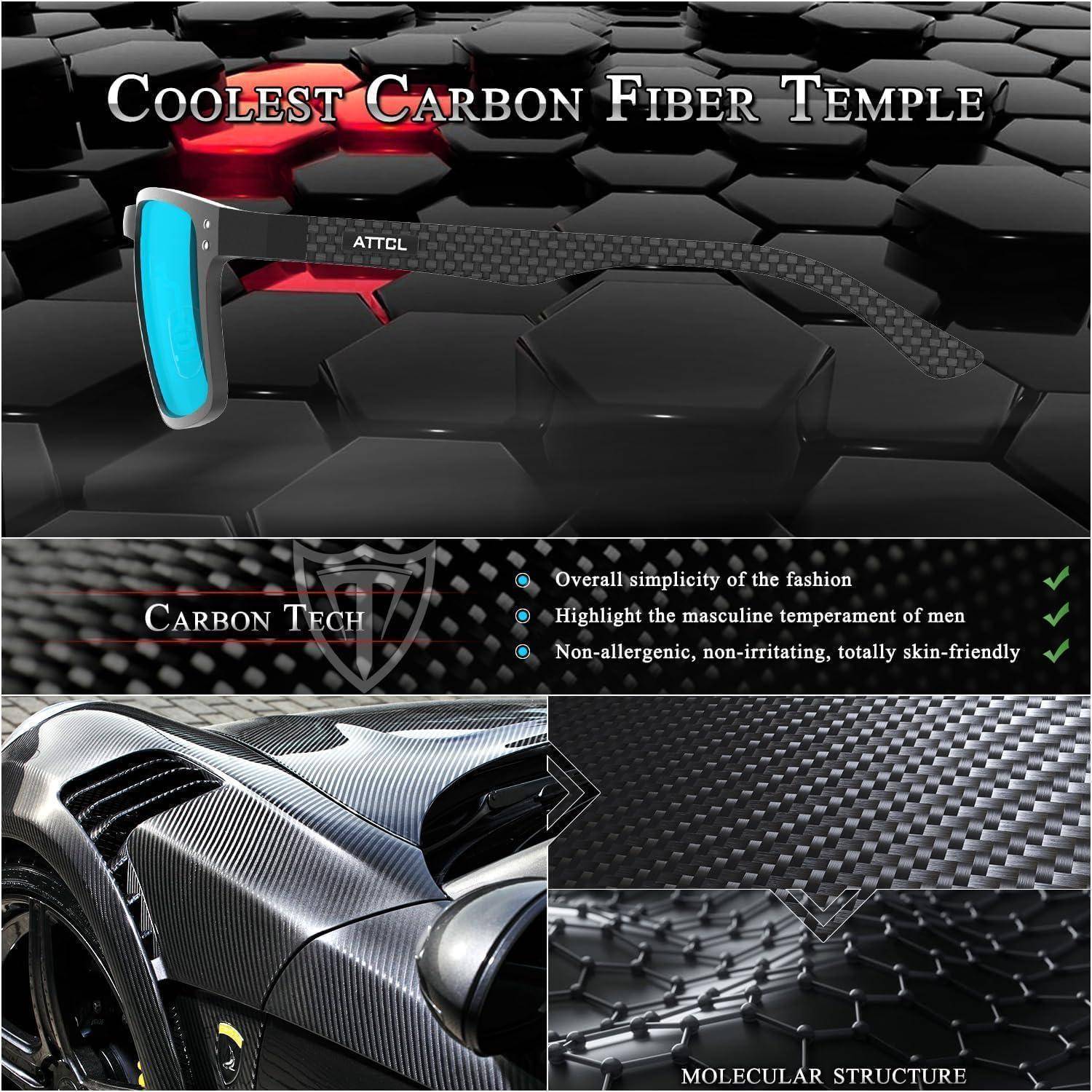 Werbegrafik für einen "Coolest Carbon Fiber Temple"" Rasierer, der einen Kohlefaser-Griff und -Kopf zeigt, mit Angaben: einfach, maskulin, hypoallergen, hautfreundlich.