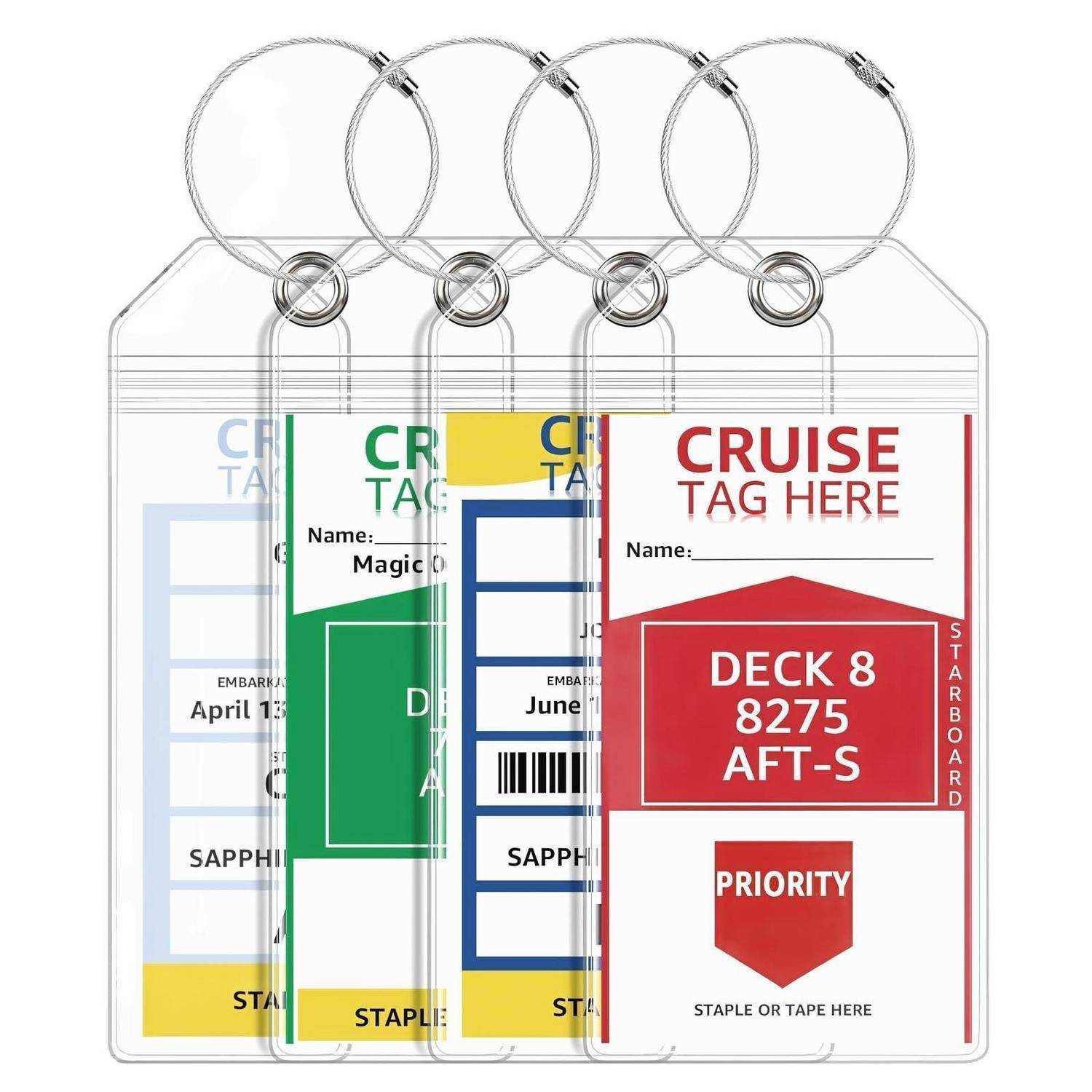 Vier Kreuzfahrt-Gepäckanhänger an Schlüsselringen mit „CRUISE TAG HERE