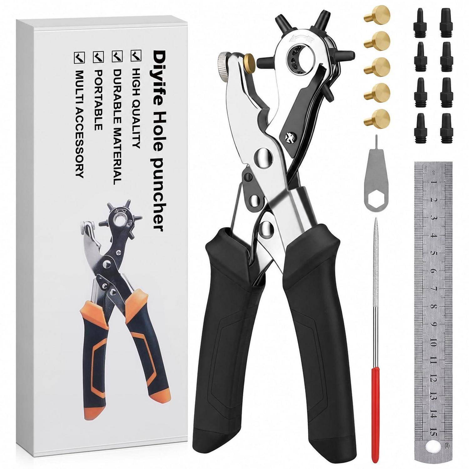 Produktbild eines Dlyfe Lochers mit Karton, das ein Metallledergürtel-Stanzeisen mit austauschbaren Stanzkopfen, Schraubendreher, Schrauben und Lineal zeigt.