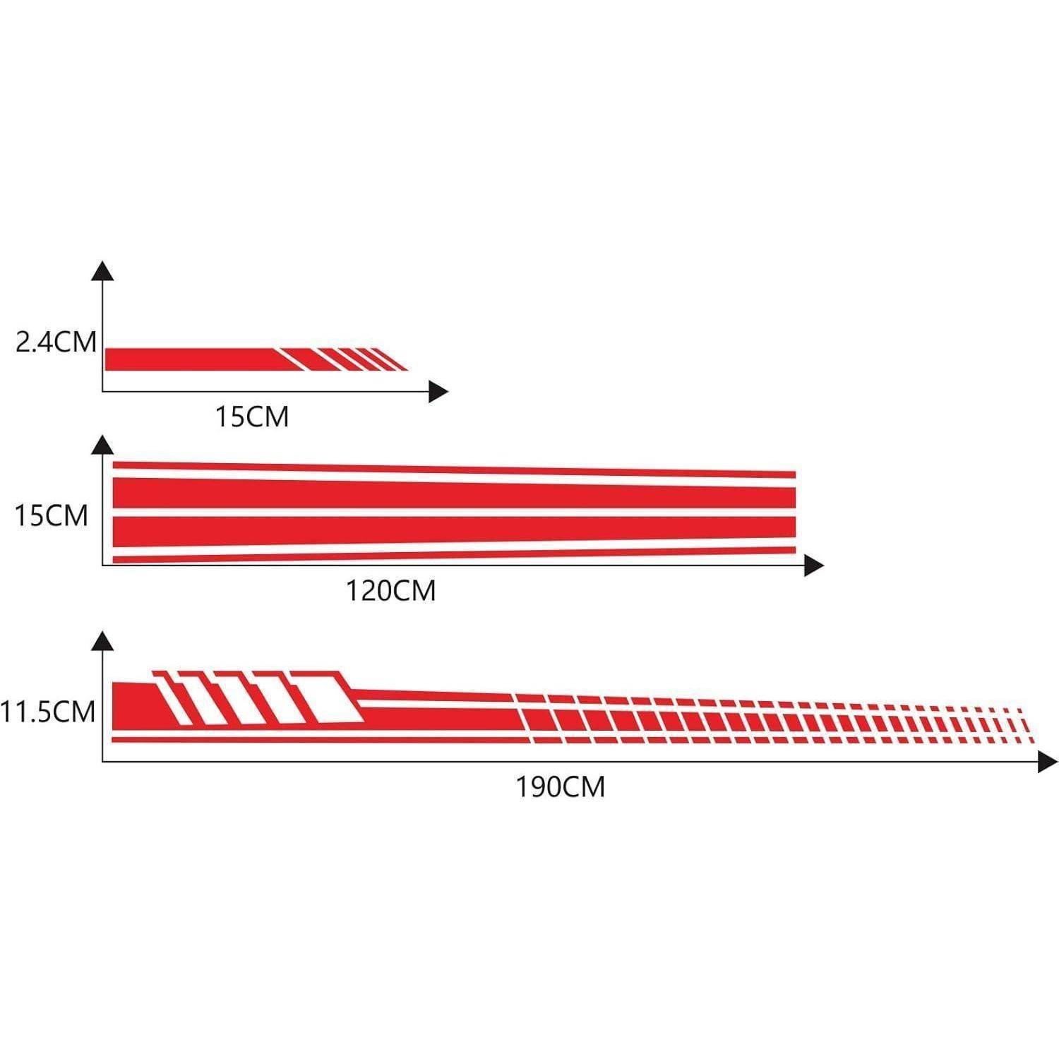Drei rote horizontale Streifen als Größenvergleiche gezeigt: 15 cm mal 2,4 cm, 120 cm mal 15 cm und 190 cm mal 11,5 cm.
