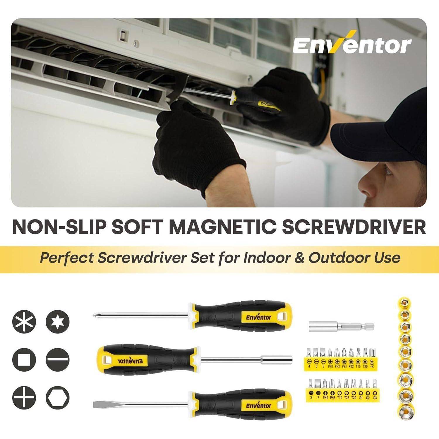 Werbegrafik für einen rutschfesten, weichen magnetischen Schraubendreher-Set von Enventor, die eine Person zeigt, die einen Schraubendreher an einer Klimaanlage verwendet, sowie die enthaltenen Bits und Zubehörteile.