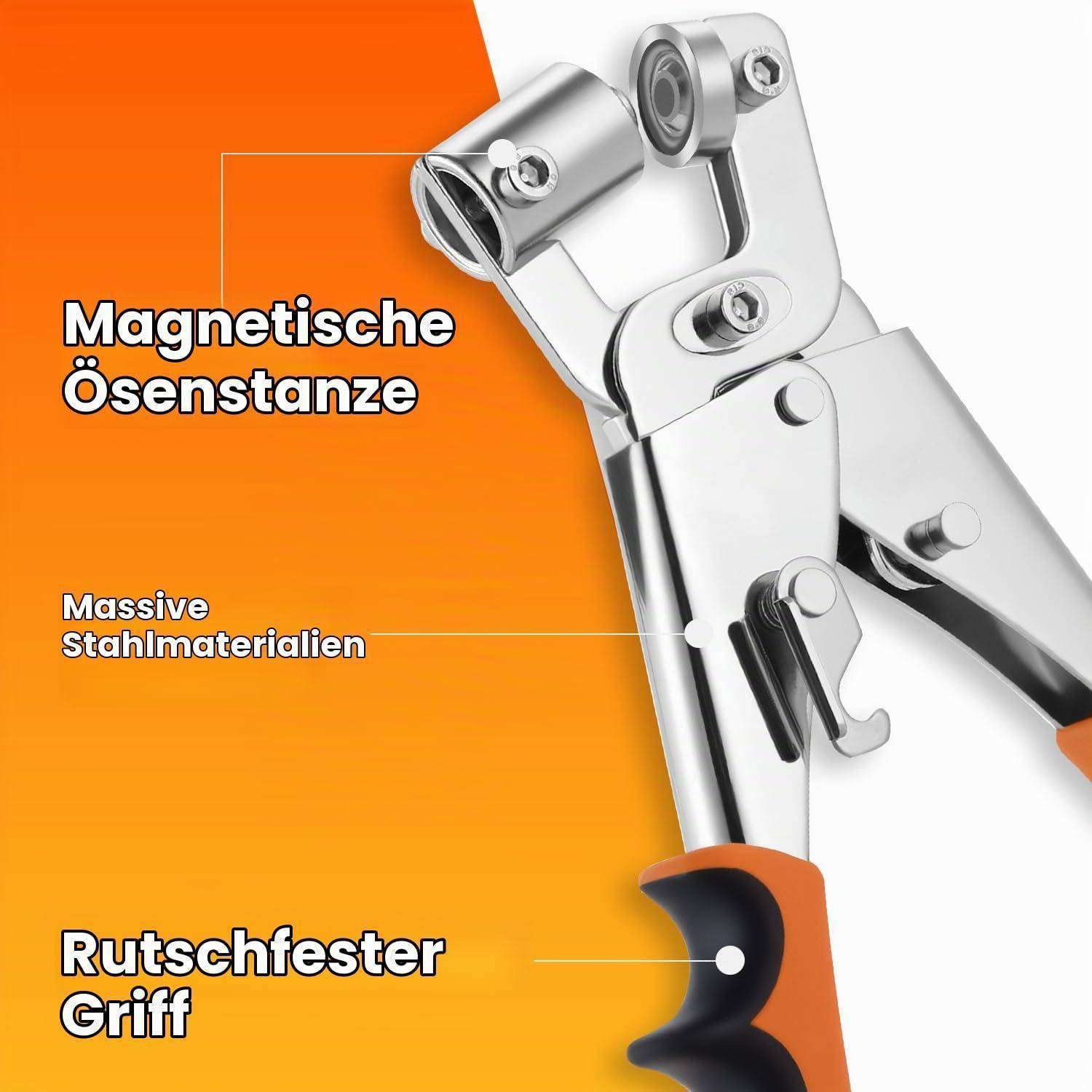 Werbebild einer Edelstahl-Magnetösensstanze mit orange-schwarzem rutschfestem Griff, gekennzeichnet mit den deutschen Bezeichnungen "Magnetische Ösenstanze"" und ""Rutschfester Griff"".
