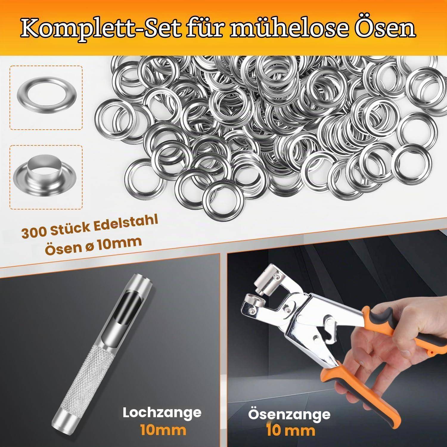 Komplettes Ösenset aus Edelstahl: 300 Ösen mit 10 mm Durchmesser, Lochstanze 10 mm und Ösenquetschzange 10 mm.