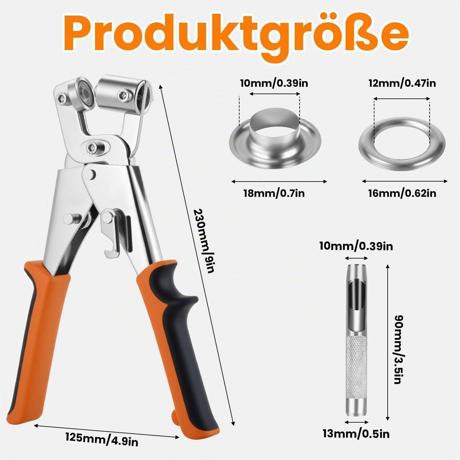 Größendiagramm des Produkts mit einem Handlochwerkzeug mit orange-schwarzen Griffen und seinen Abmessungen: 230 mm Höhe, 125 mm Breite, sowie Zubehörgrößen 10–18 mm und 90 mm × 13 mm.