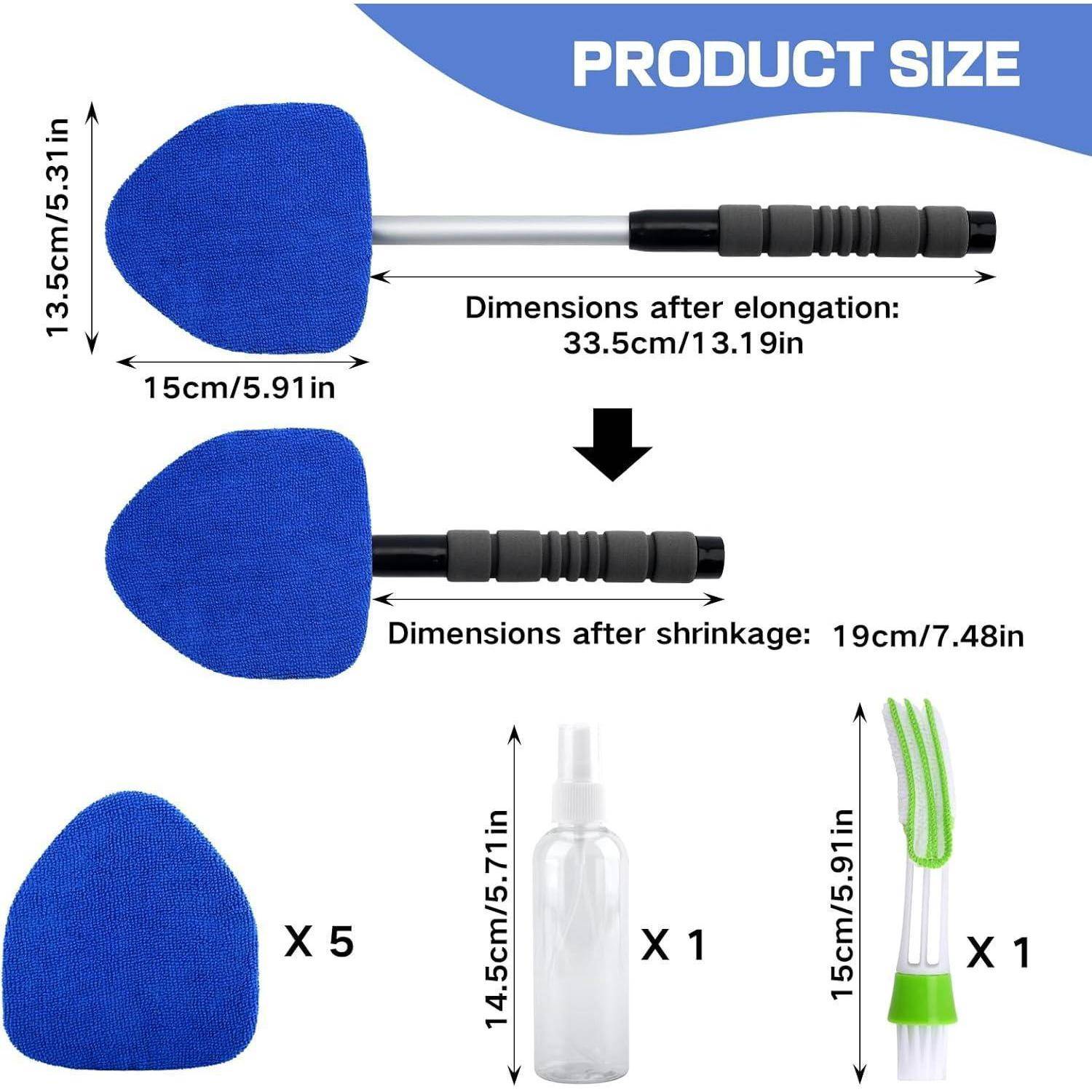 Produktgrößendiagramm für einen blauen Reinigungsmopkopf: 13,5 x 15 cm, verlängert sich auf 33,5 cm oder schrumpft auf 19 cm; enthält 5 Mopköpfe, 1 Flasche und 1 Bürste mit Größenangaben.