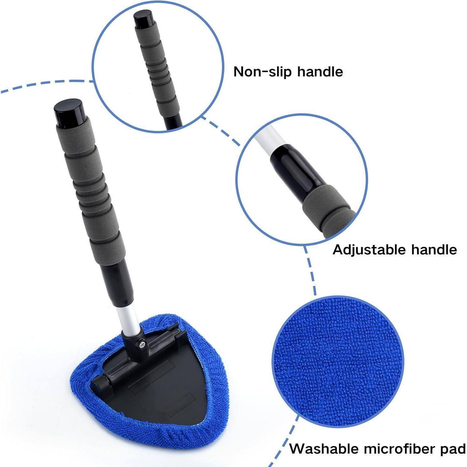 Mikrofaser-Wischmopp mit verstellbarem, rutschfestem Griff und waschbarem blauem Reinigungstuch, dargestellt mit Beschriftungen, die die Griffeigenschaften und die Textur des Tuches hervorheben.