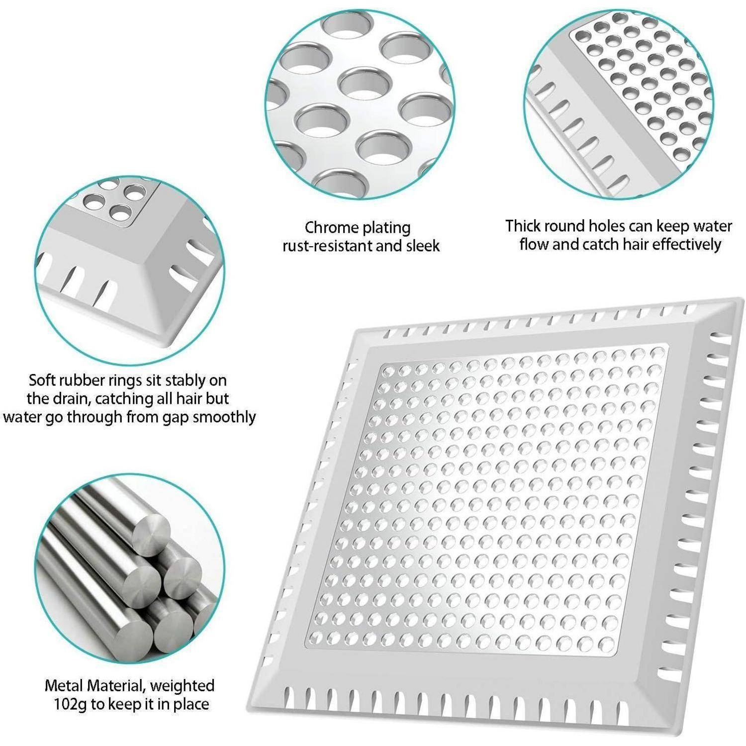 Illustration eines verchromten Metallhaarfängers für Ablaufrohre mit runden Löchern und weichen Gummirändern, dargestellt mit Beschriftungen, die Rostbeständigkeit, Wasserdurchfluss und gewichtete Stabilität beschreiben.