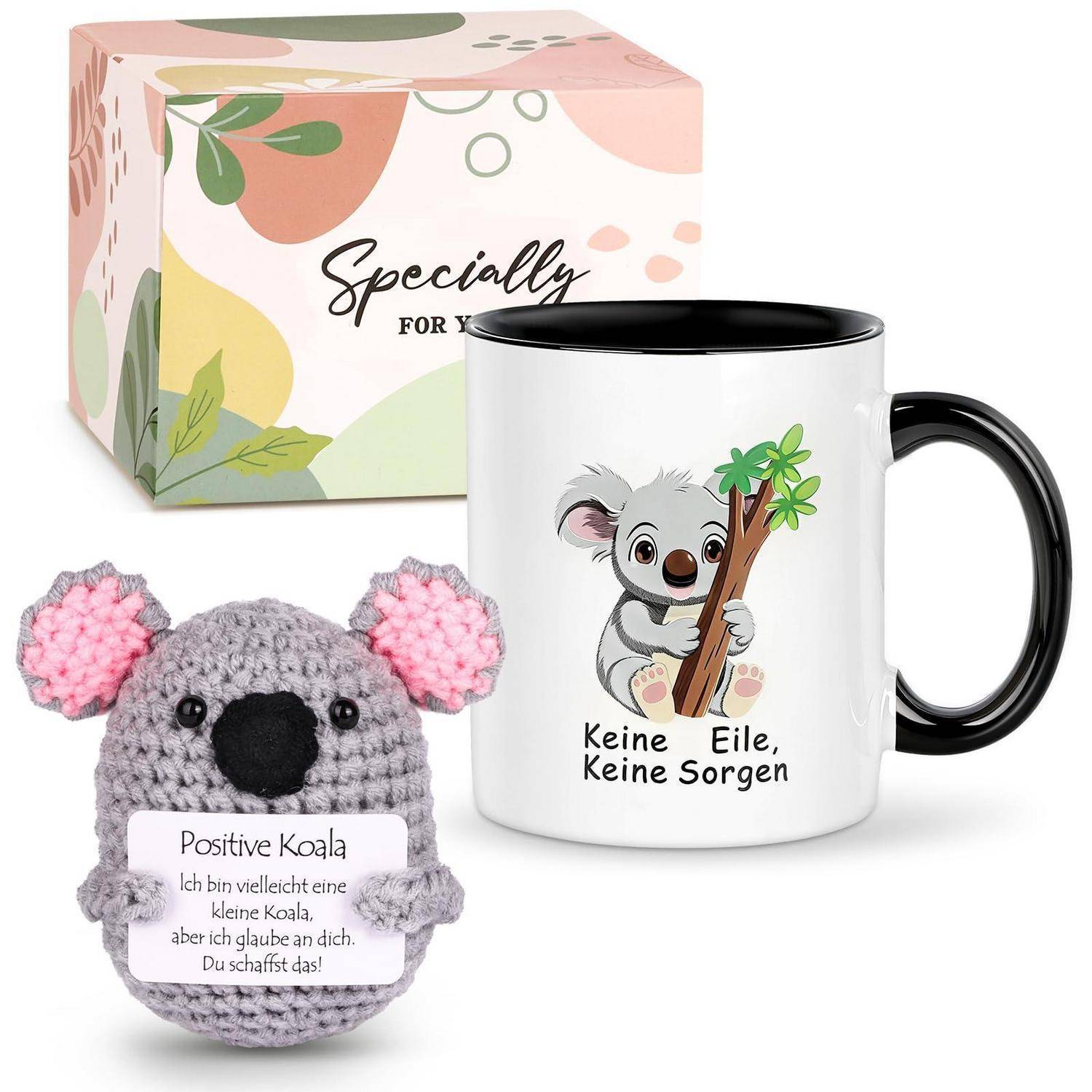 Geschenkset mit einer koalathematisierten Tasse, gehäkelter Koalafigur und dekorativem Karton mit der Aufschrift „Besonders für dich