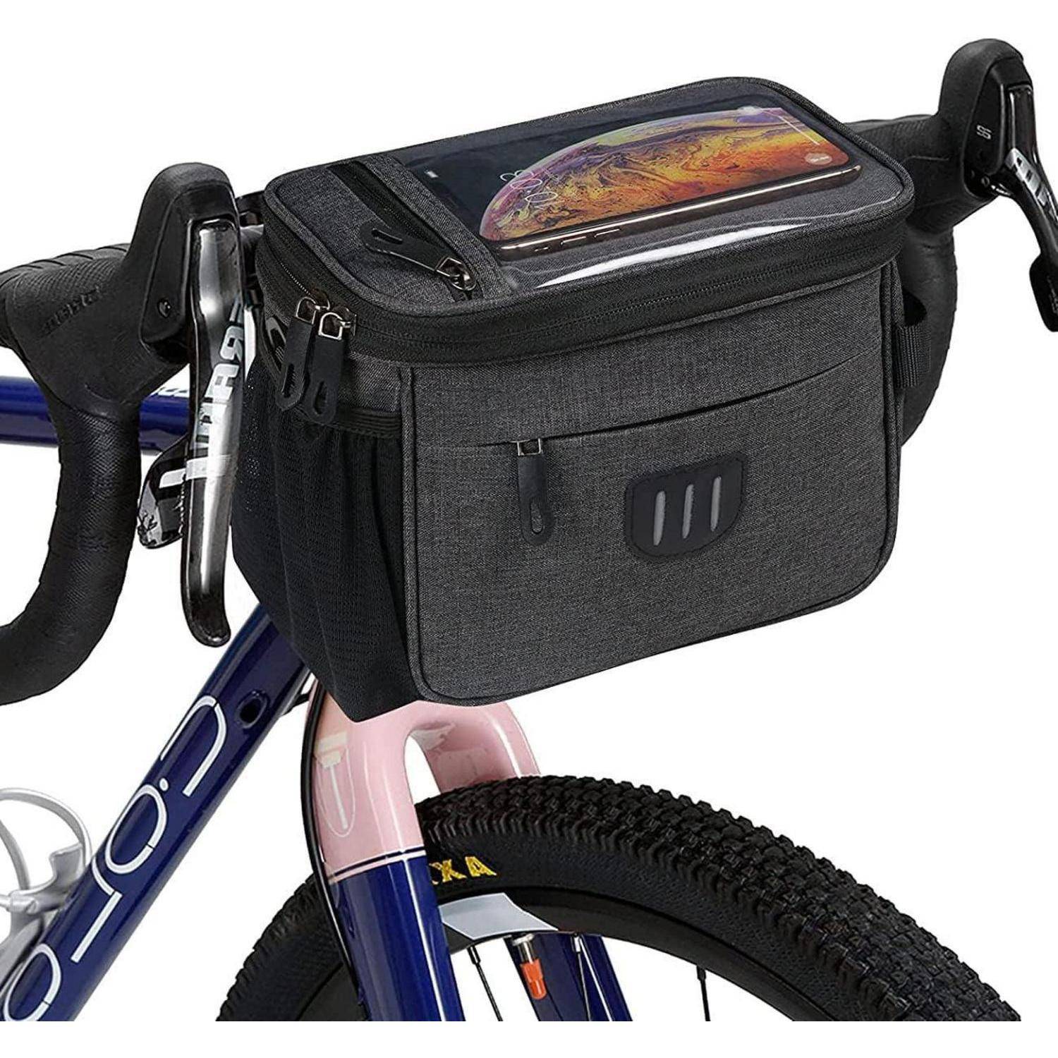 Schwarze Fahrradlenkertasche mit transparenter Handytasche oben, montiert am Fahrrad oberhalb des Vorderrads.