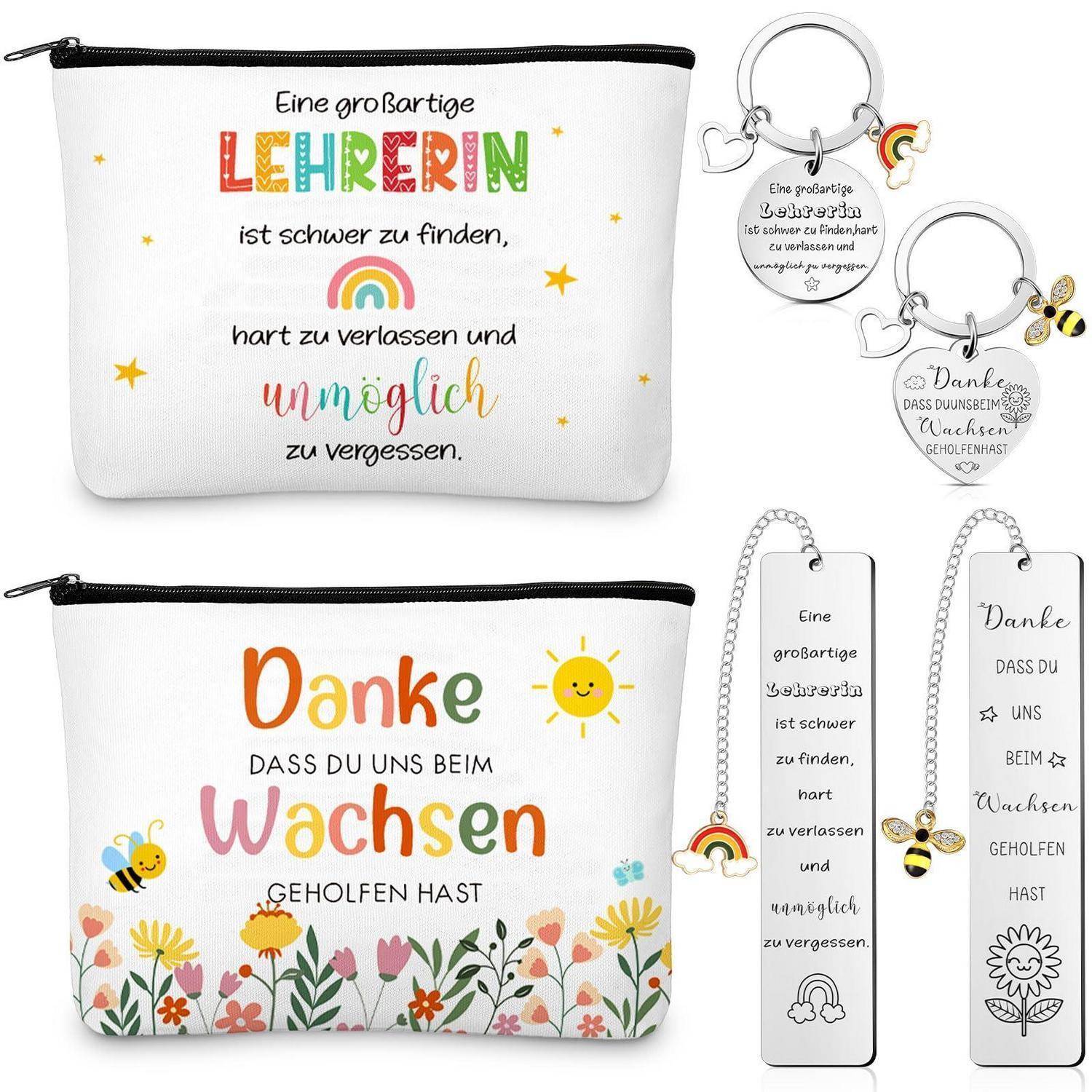 Xuniea 6 Abschiedsgeschenk Lehrerin Danke Geschenkset inklusive 2 Schlüsselanhänger 2 Lesezeichen Regenbögen 2 Kosmetiktaschen Geschenk Lehrerin Gr