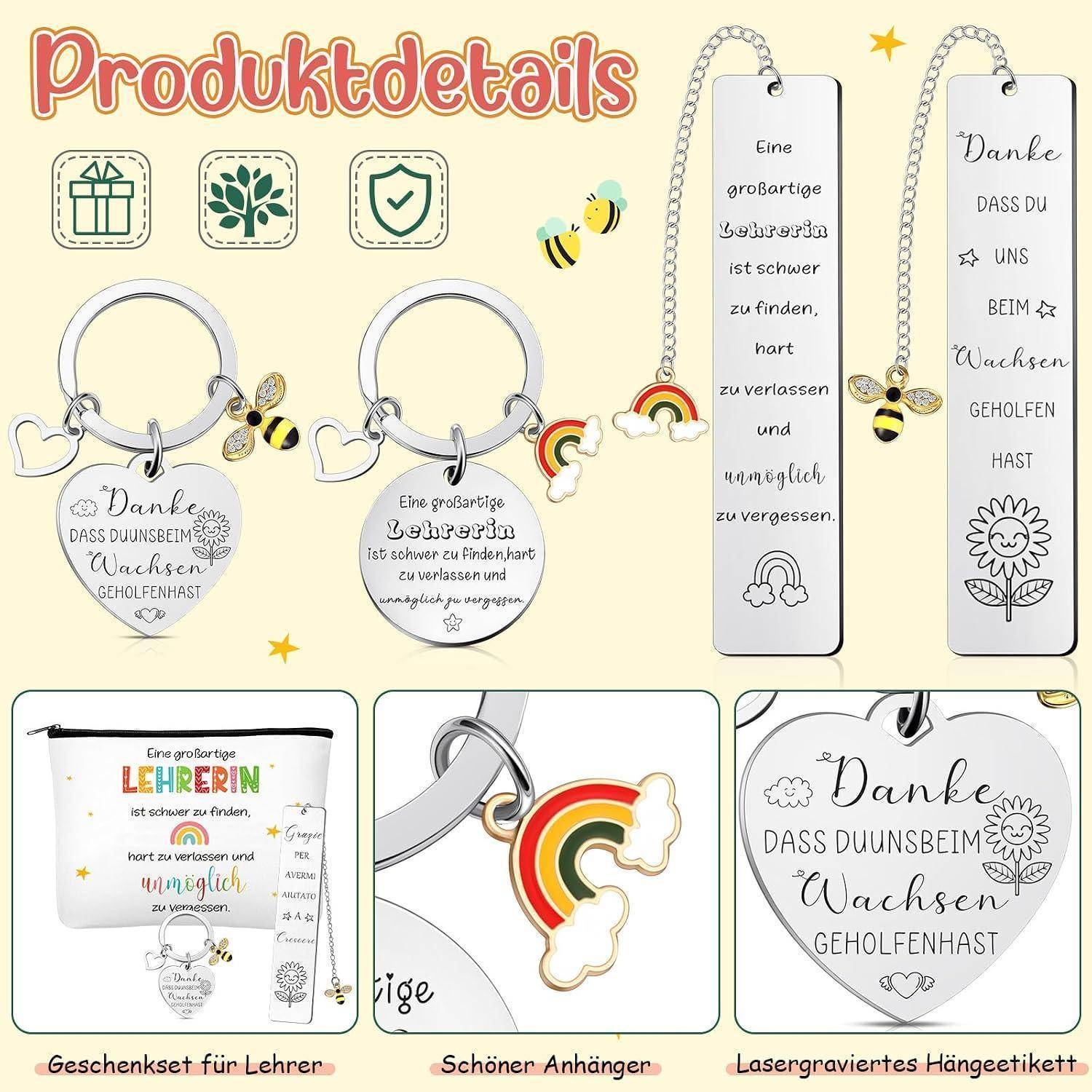 Werbecollage aus personalisierten Schlüsselanhängern, Kofferanhängern und einem Täschchen mit deutschen Dankesnachrichten; gekennzeichnet als Geschenke für Lehrer und ein schöner Anhänger.