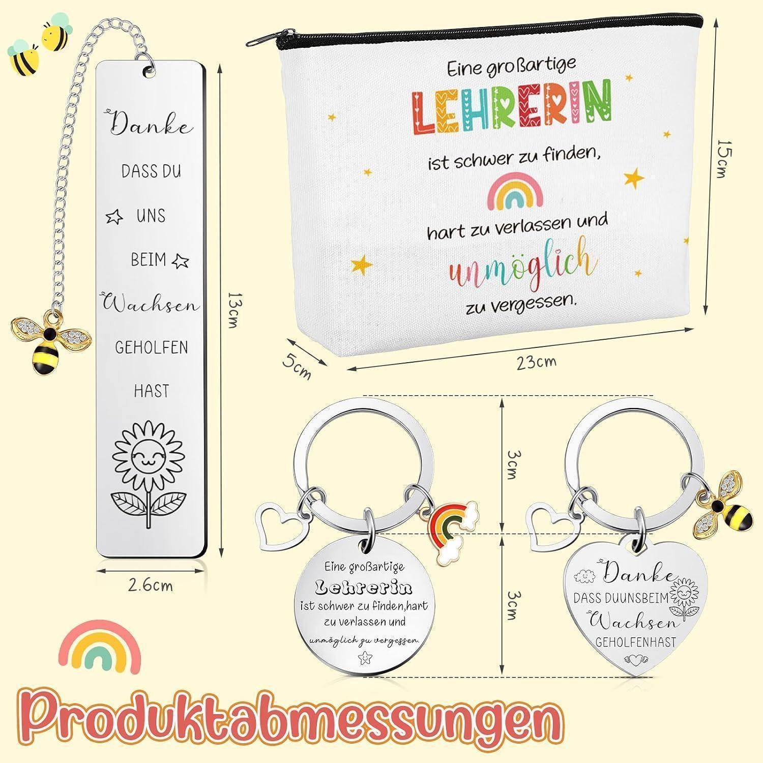 Produktabmessungen Grafik mit einem Lehrergeschenkset: Federmäppchen, Lesezeichen, Herz-Schlüsselanhänger und Bienenanhänger, mit deutschem Dankschreiben und Größenbezeichnungen.
