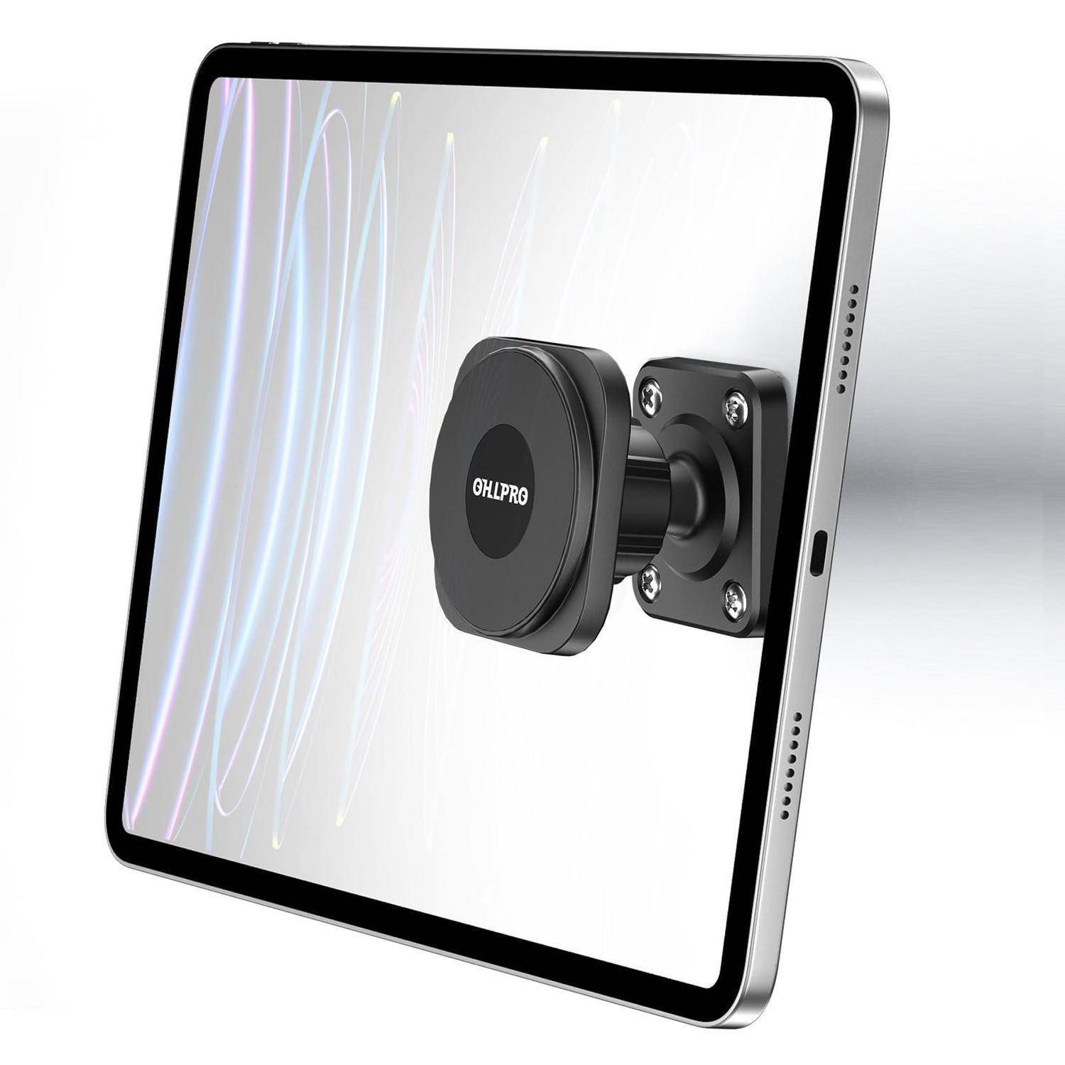 Tablet mit einer magnetischen OHLPRO-Stil-Halterung auf der Rückseite, die einen kompakten Telefon- oder Zubehörhalter auf sauberem weißem Hintergrund zeigt.