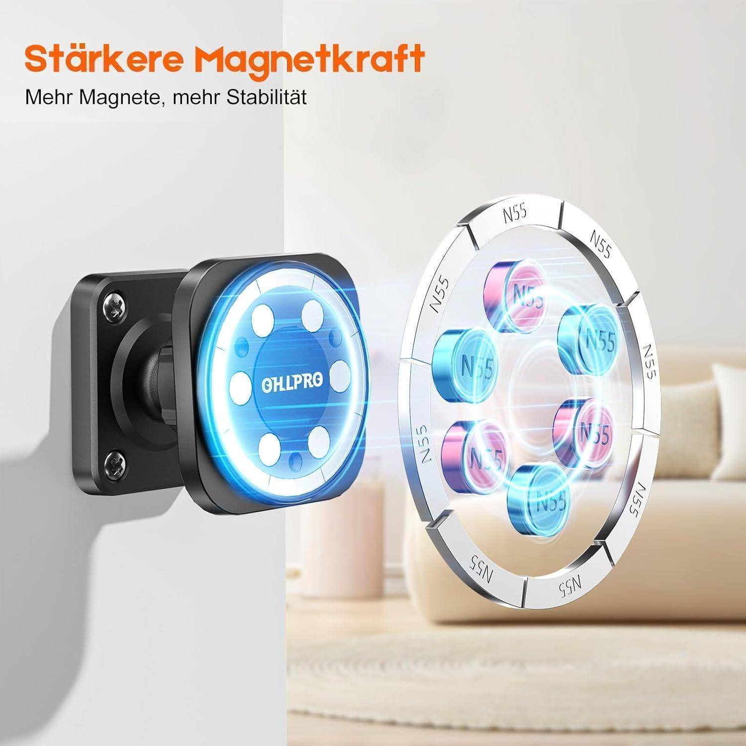 Werbung für eine magnetische Telefonhalterung mit deutschem Text „Stärkere Magnetkraft" und „Mehr Magnete, mehr Stabilität"", die stärkere N55-Magnete für zusätzliche Stabilität zeigt.