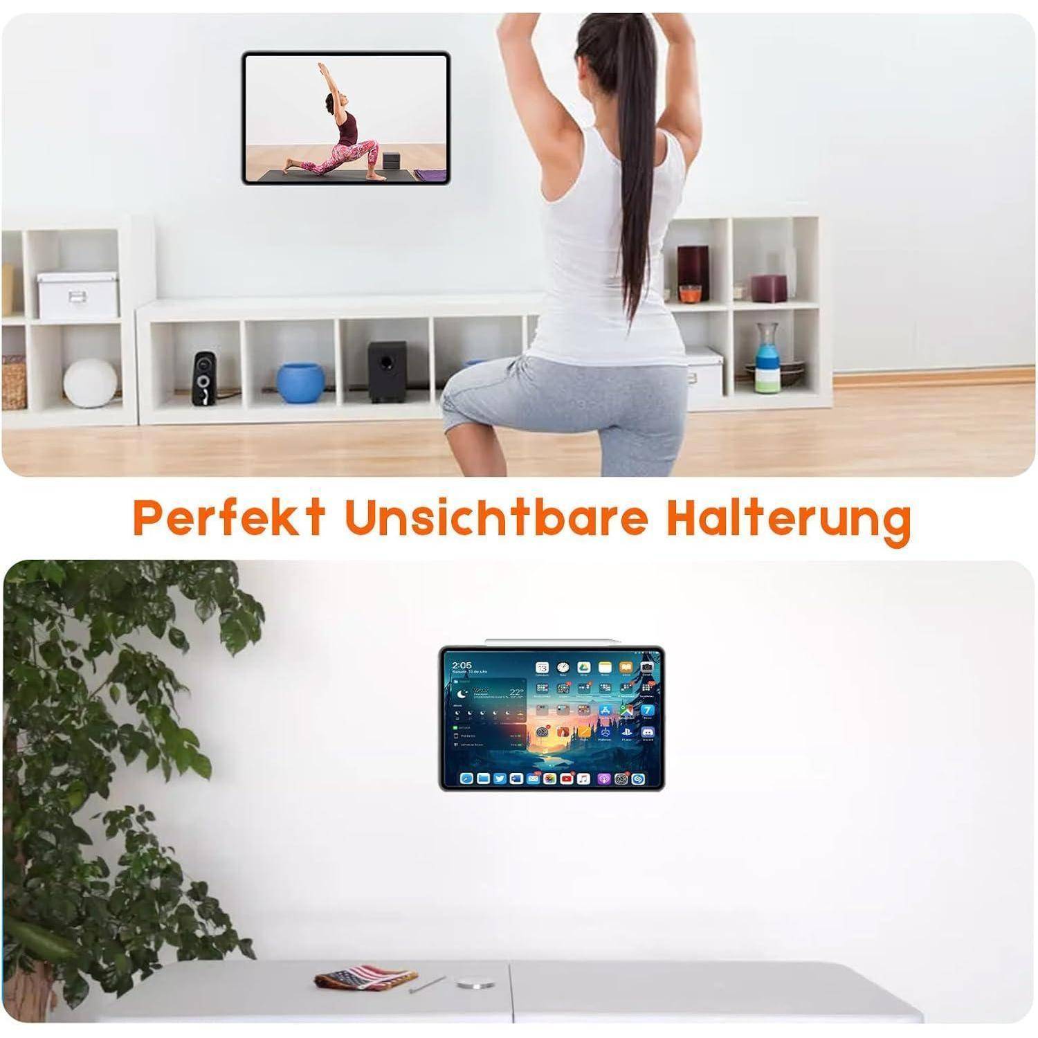 Zwei Bilder zeigen eine wandmontierte Tablet-/TV-Konfiguration: Eine Frau trainiert, während sie einen Bildschirm anschaut, und ein Tablet scheint schwerelos über einem Tisch zu schweben, ohne dass eine sichtbare Halterung vorhanden ist.