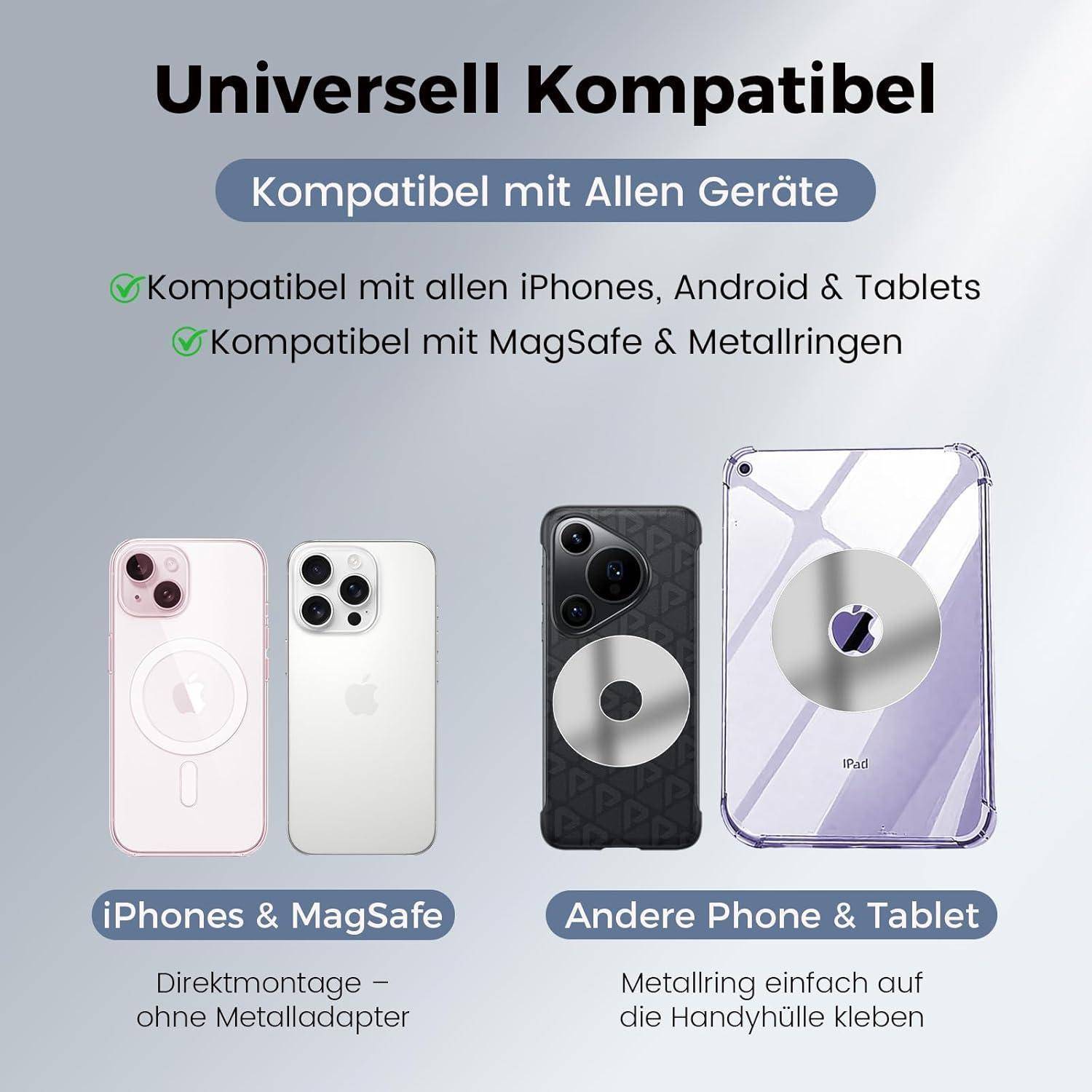 Universelle Kompatibilität mit iPhones, Android-Handys und Tablets, Plus MagSafe und Metallringe; zeigt Hüllen und ein Tablet mit Befestigungsbeispielen.