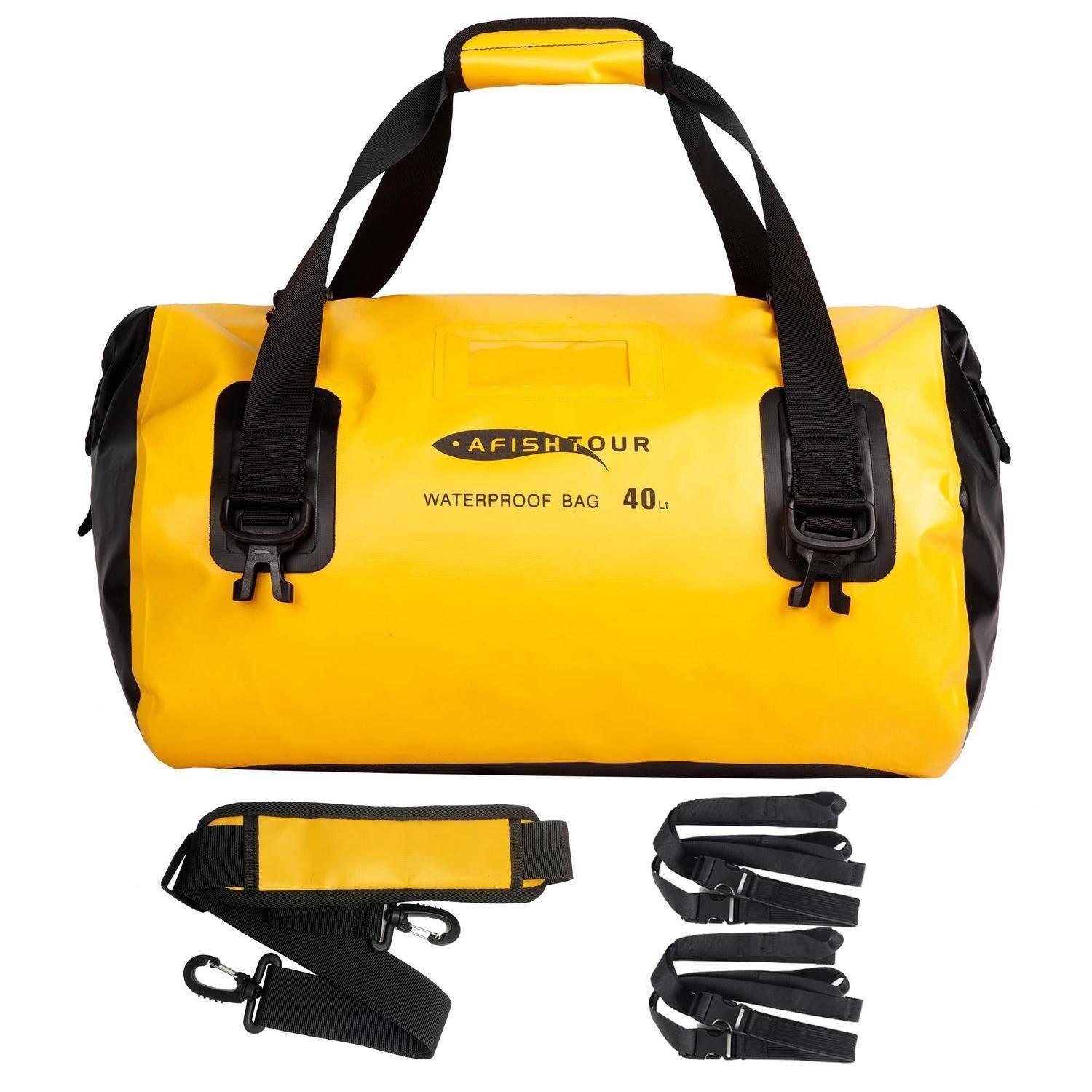 Gelbe wasserdichte Reisetasche mit der Beschriftung „AFISH TOUR