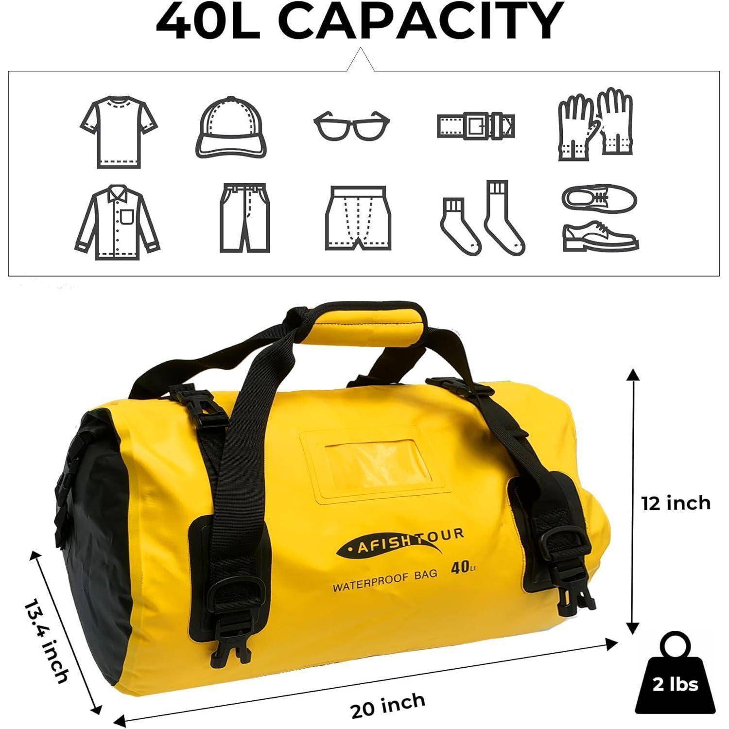 Illustration einer gelben wasserdichten Reisetasche mit der Bezeichnung „Kapazität 40L", die zeigt, dass sie Kleidung und Zubehör fasst; die Abmessungen betragen 20 x 12 x 13,4 Zoll und das Gewicht beträgt 2 Pfund.