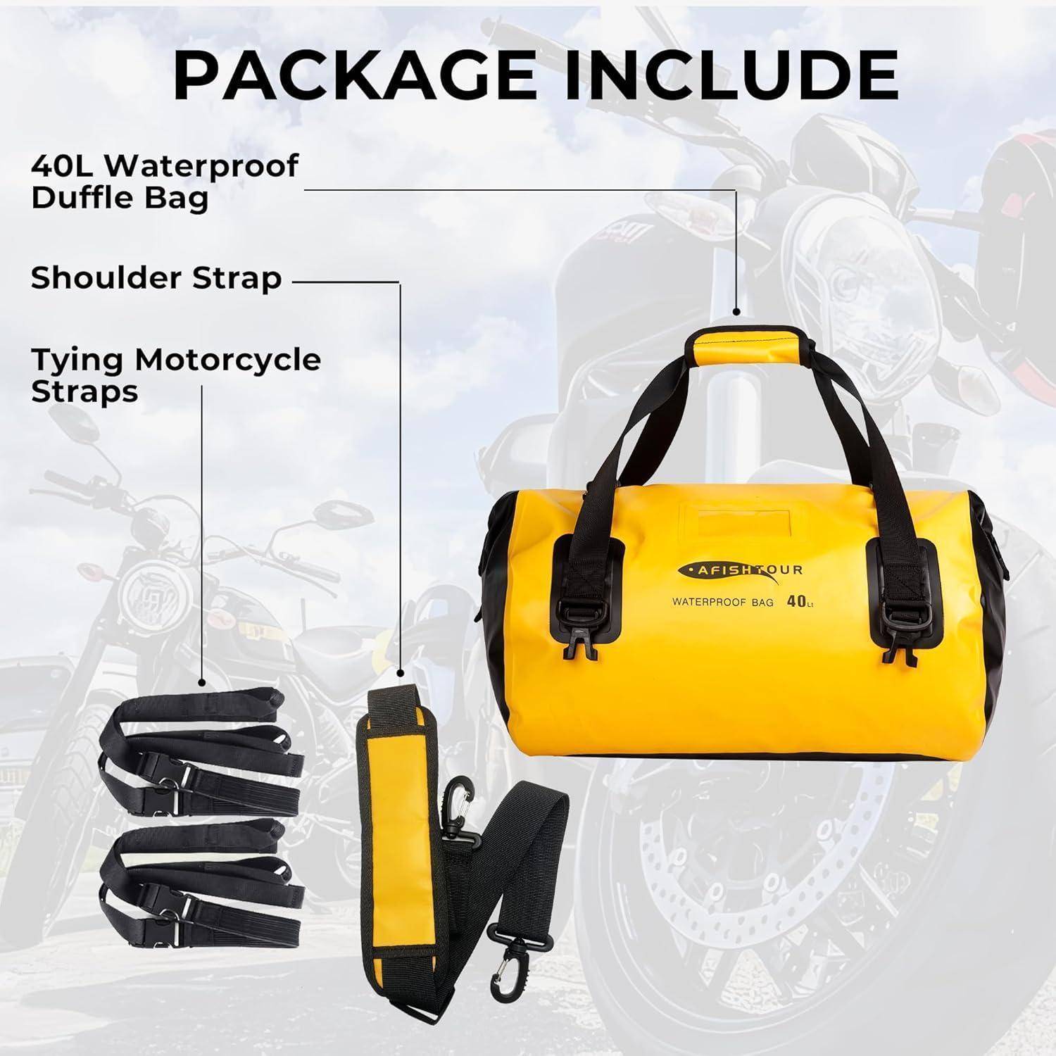Das Paket enthält eine 40L wasserdichte Reisetasche, einen Schultergurt und Befestigungsgurte für Motorräder, dargestellt mit einer schwarz-gelben Tasche.