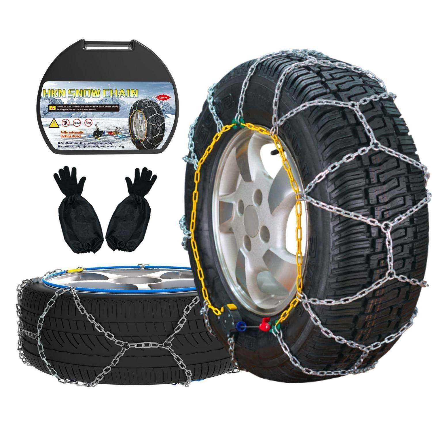 Schneeketten-Reifenset mit zwei Reifen mit Ketten, Aufbewahrungskoffer und zwei Handschuhen für die Winterfahrt.